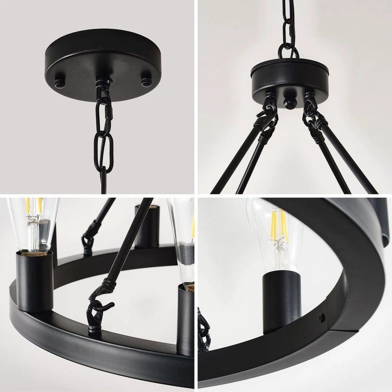 6 Light (No Bulbs) Wagon Wheel Chandelier Farmhouse Modern Small Round Chandelier For Living Room Kitchen Island Foyer Hallway Entryway Bedroom Dining Room Light Fixture Ceiling Hanging - Matte Black by HouseOfZazla