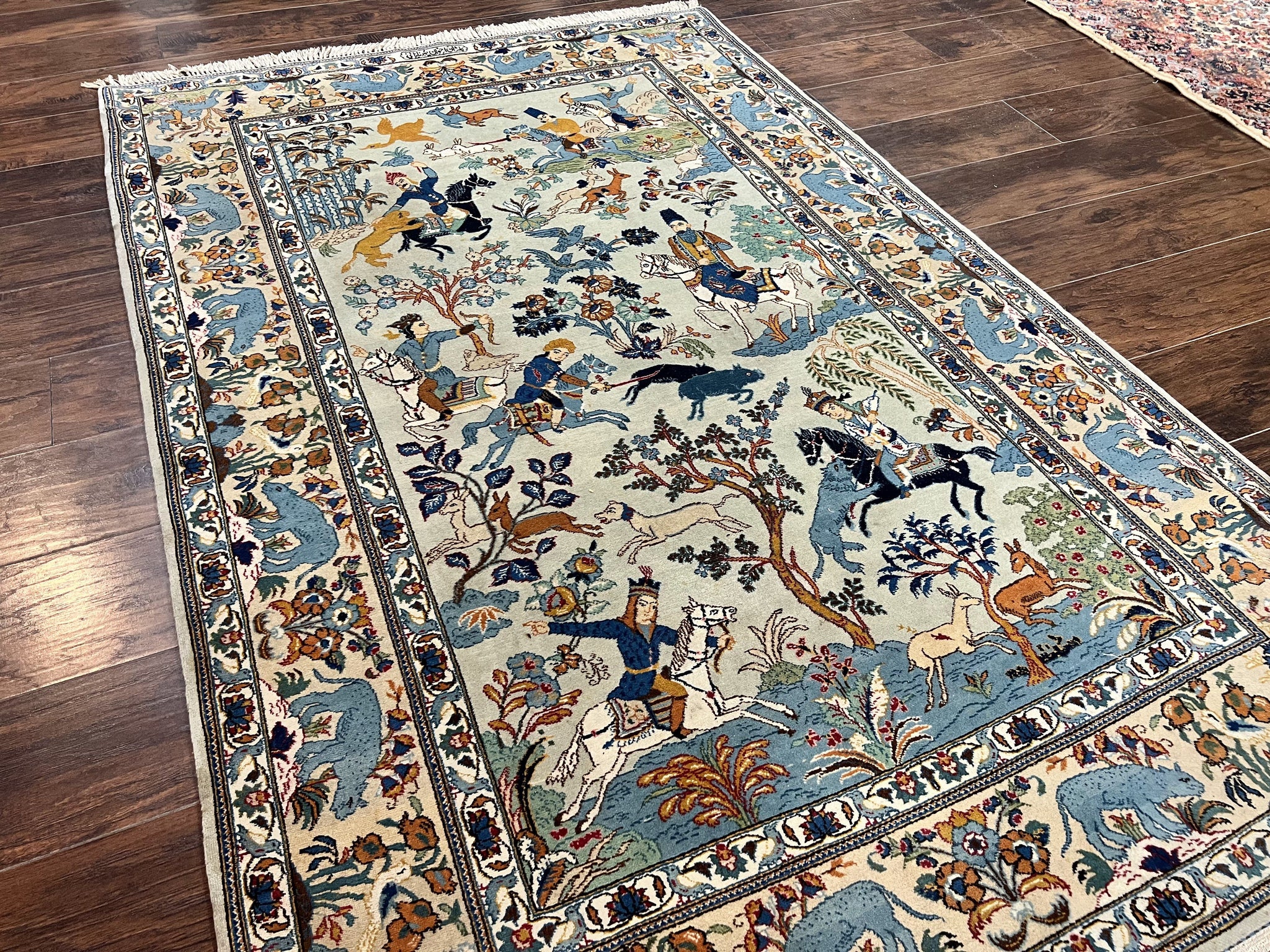 Persian Kashan Pictorial Rug 4.6 x 7, Hunting Scene, Signed by Masterweaver, Animal Pictorials, Rare, Handmade, Wool, Vintage, Very Fine by Jewel Rugs