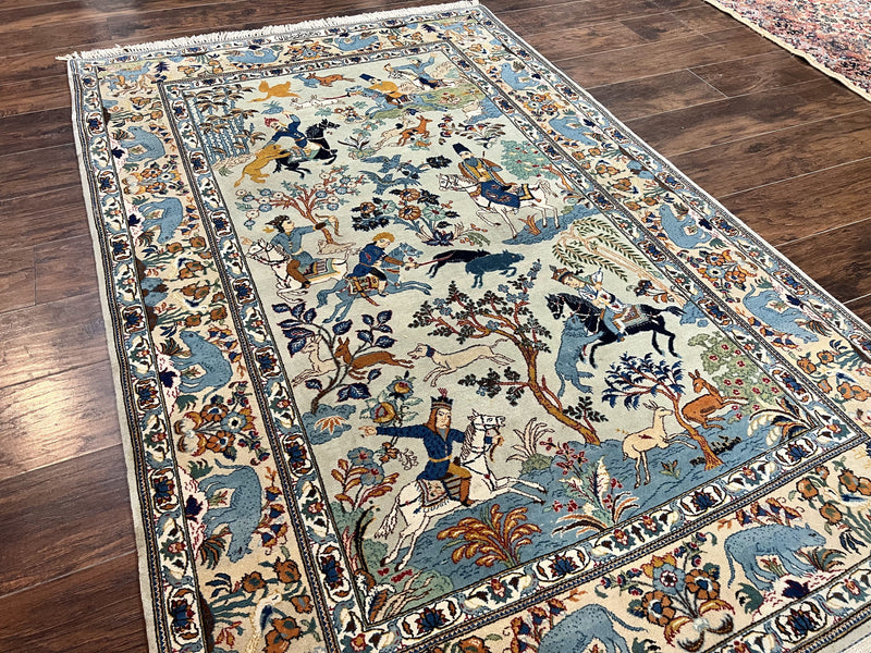 Persian Kashan Pictorial Rug 4.6 x 7, Hunting Scene, Signed by Masterweaver, Animal Pictorials, Rare, Handmade, Wool, Vintage, Very Fine by Jewel Rugs