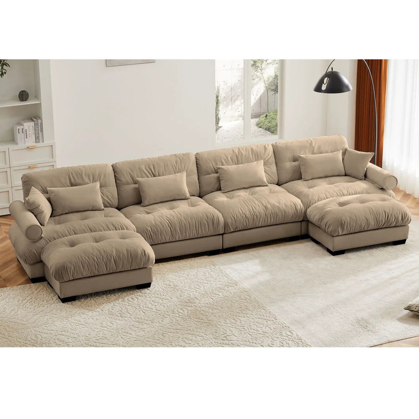 Modern Sectional Sofa With Ottoman, Round Bolster Armrests, Waist And Throw Pillows by HouseOfZazla
