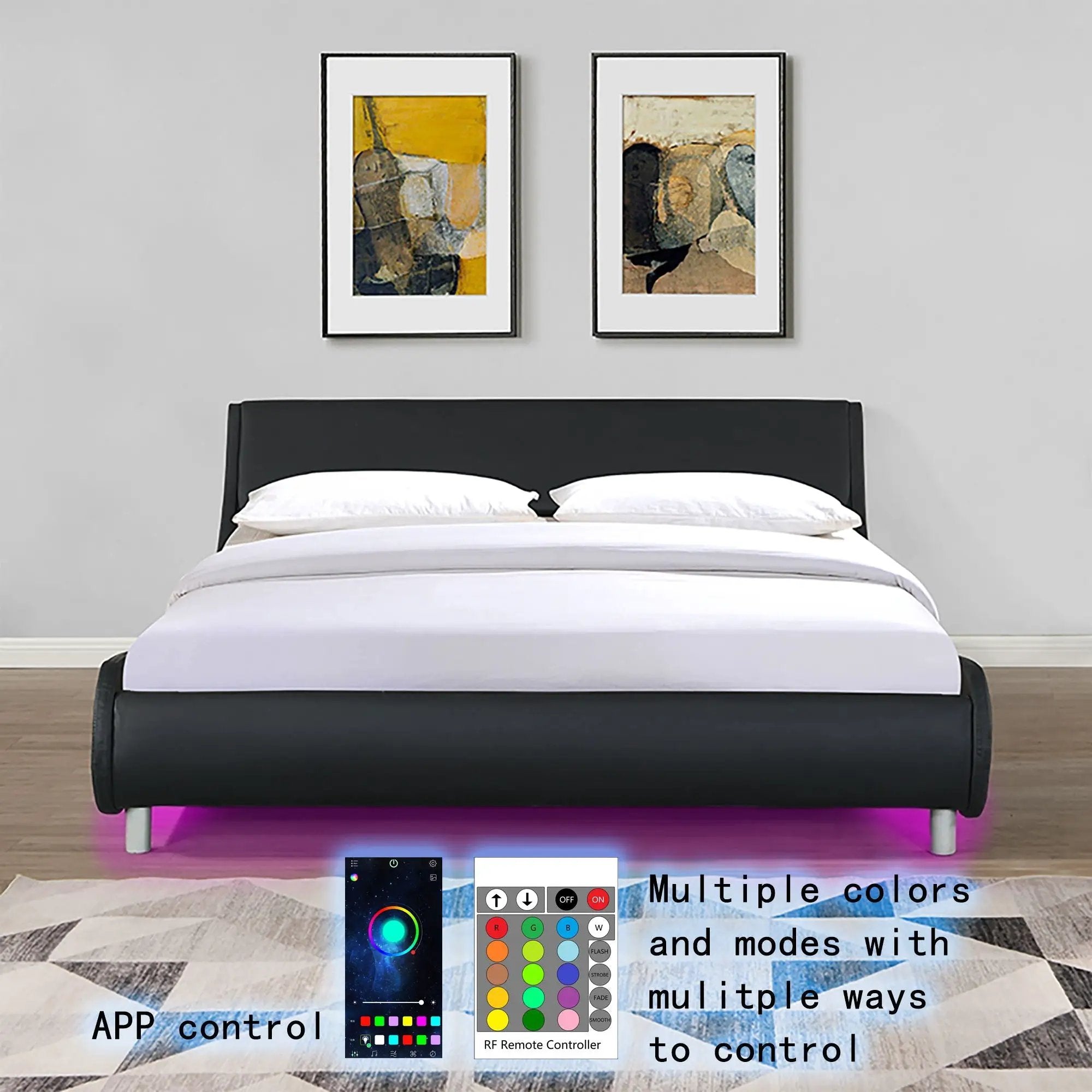 Queen Size Upholstered Platform Bed Frame With LED Lighting, Curve Design, Slat Support, No Box Spring Needed - Black by Unique Piece Furniture