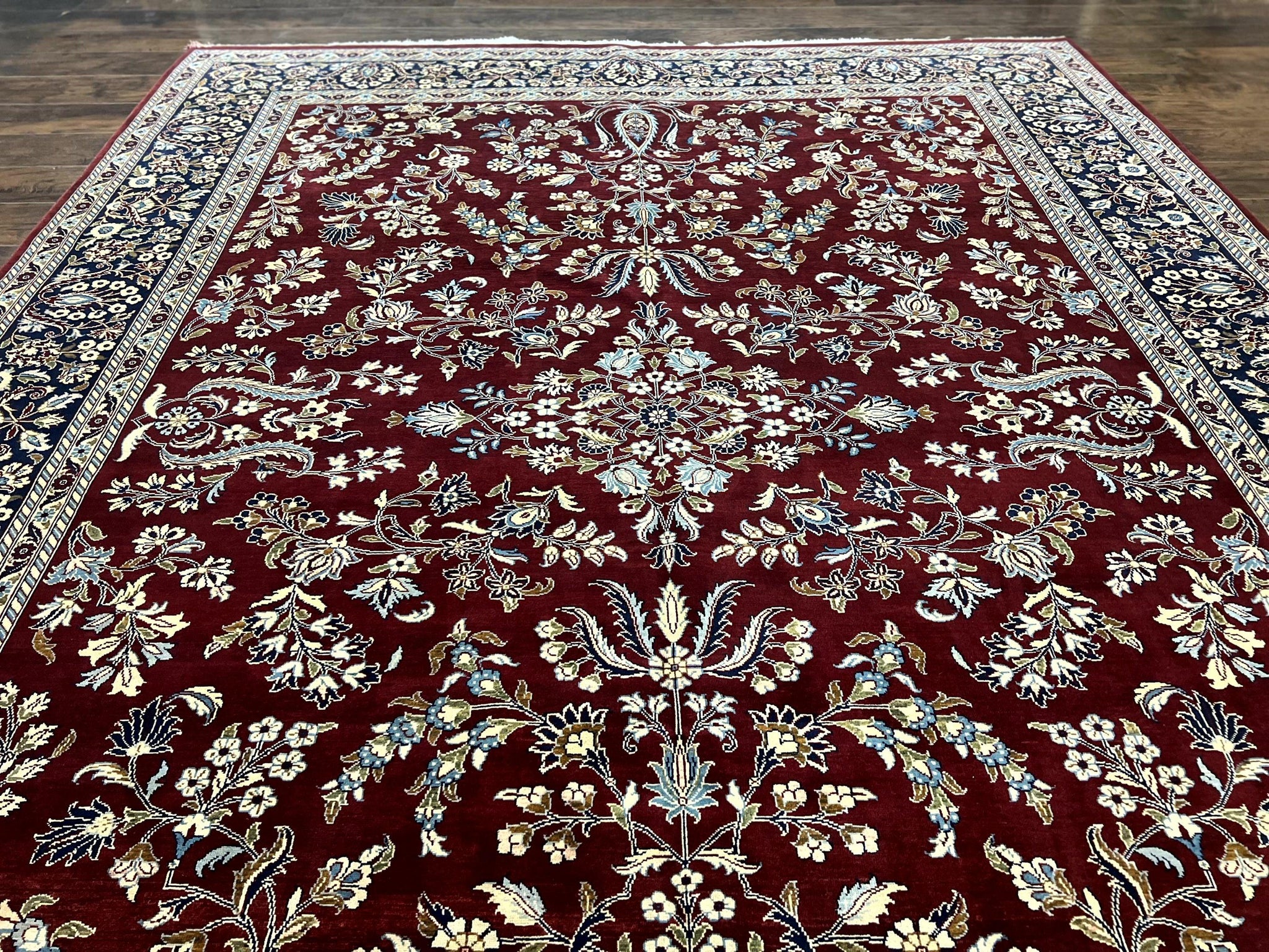 Indo Persian Sarouk Rug 9x12, Floral Allover, Dark Red & Navy Blue, Handmade Vintage Wool Carpet by Jewel Rugs