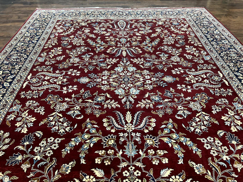 Indo Persian Sarouk Rug 9x12, Floral Allover, Dark Red & Navy Blue, Handmade Vintage Wool Carpet by Jewel Rugs