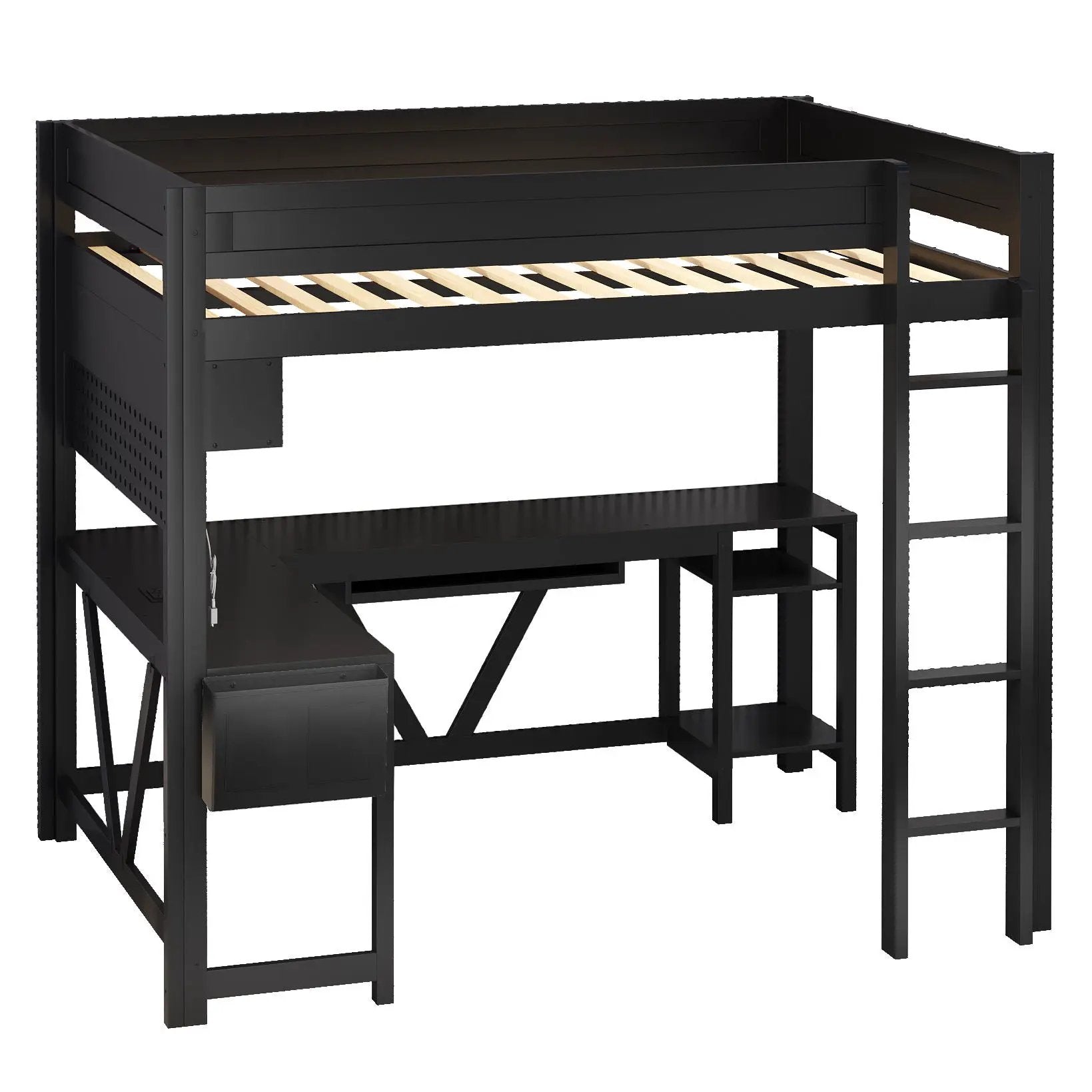 Gaming Loft Bed With Desk, Storage Shelves, LED And Charging Station