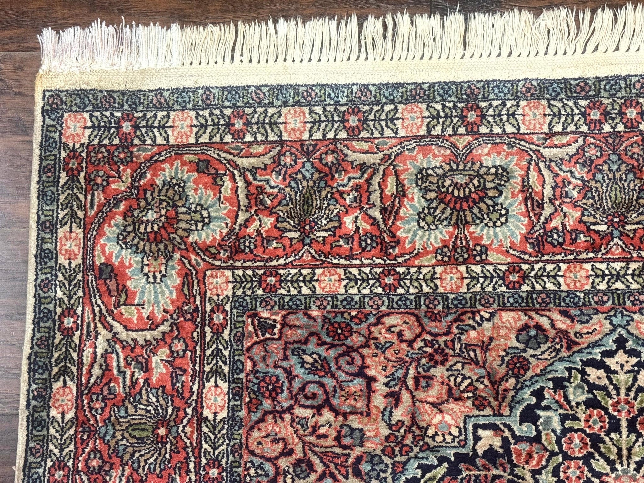 Silk Indian Kashmiri Rug 4x6, Tree of Life Pattern, Birds, Fine 290 KPSI, Navy Blue and Red, Handmade Oriental Carpet by Jewel Rugs
