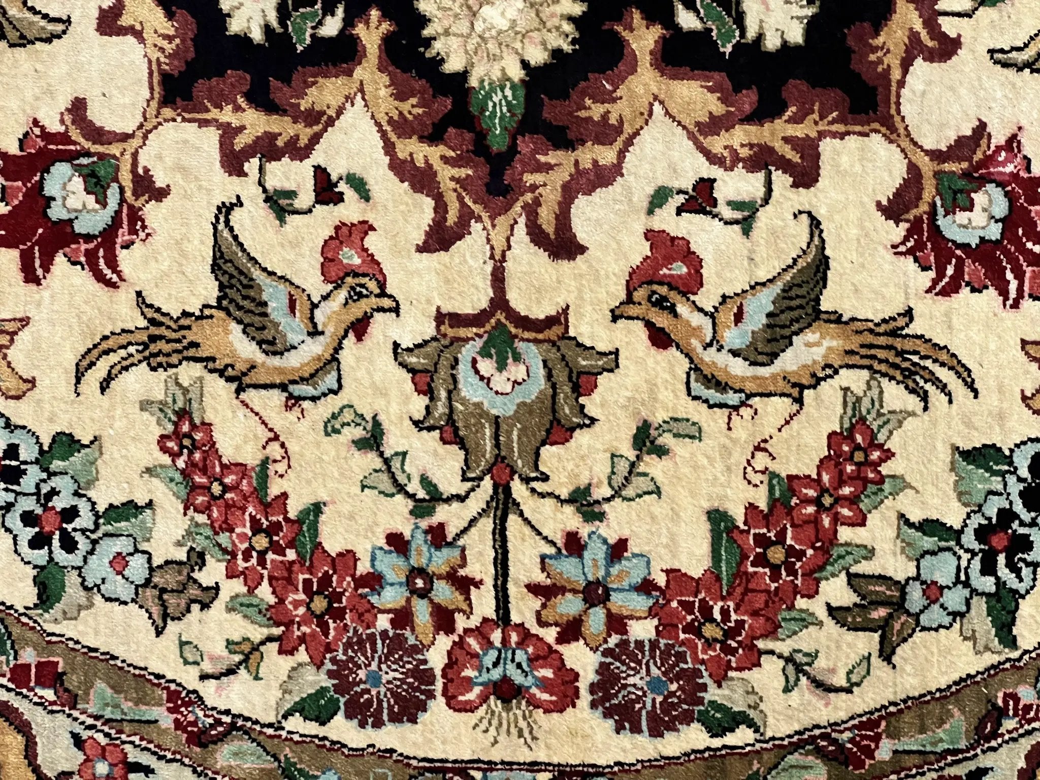 Silk Persian Tabriz Round Rug 3x3 ft, Very Fine Hand Knotted Carpet 380 KPSI, Cream & Gold, Bird Pictorials, Floral, Rare by Jewel Rugs