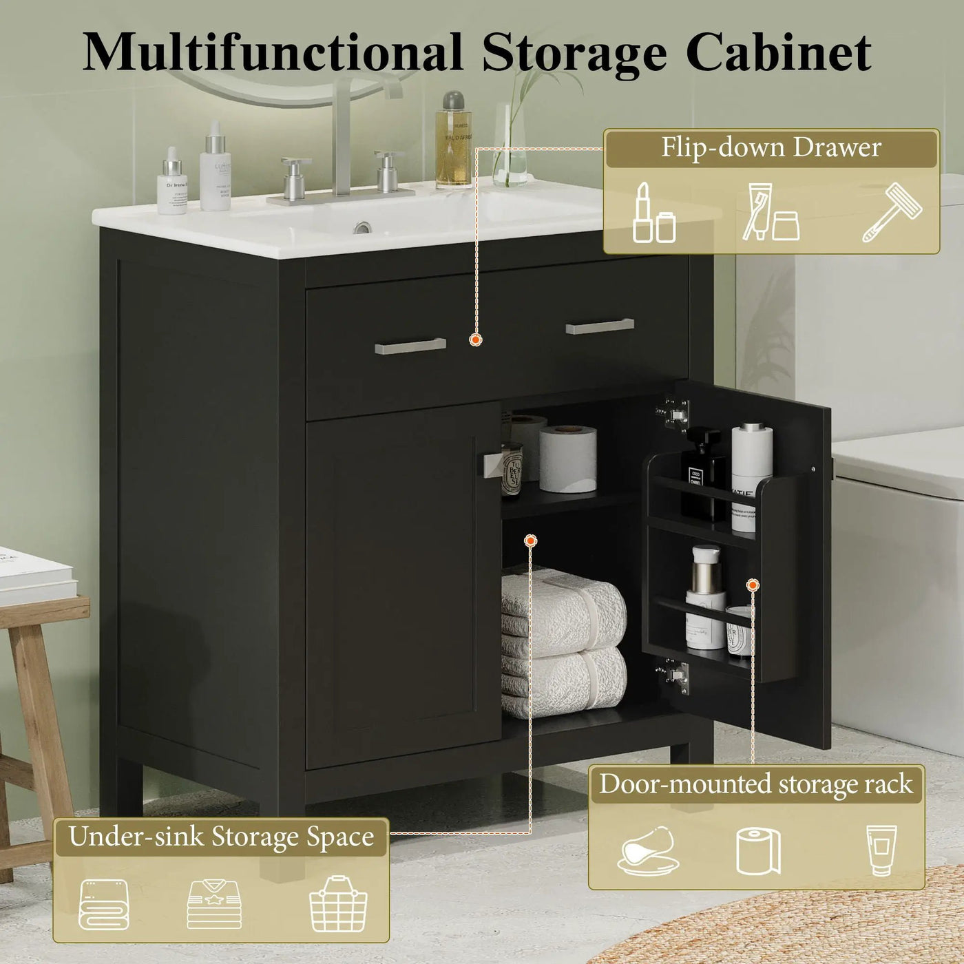 Bathroom Vanity With Ceramic Sink, Modern Single Bathroom Cabinet With 2 Doors And A Shelf, Soft Close Doors by Unique Piece Furniture