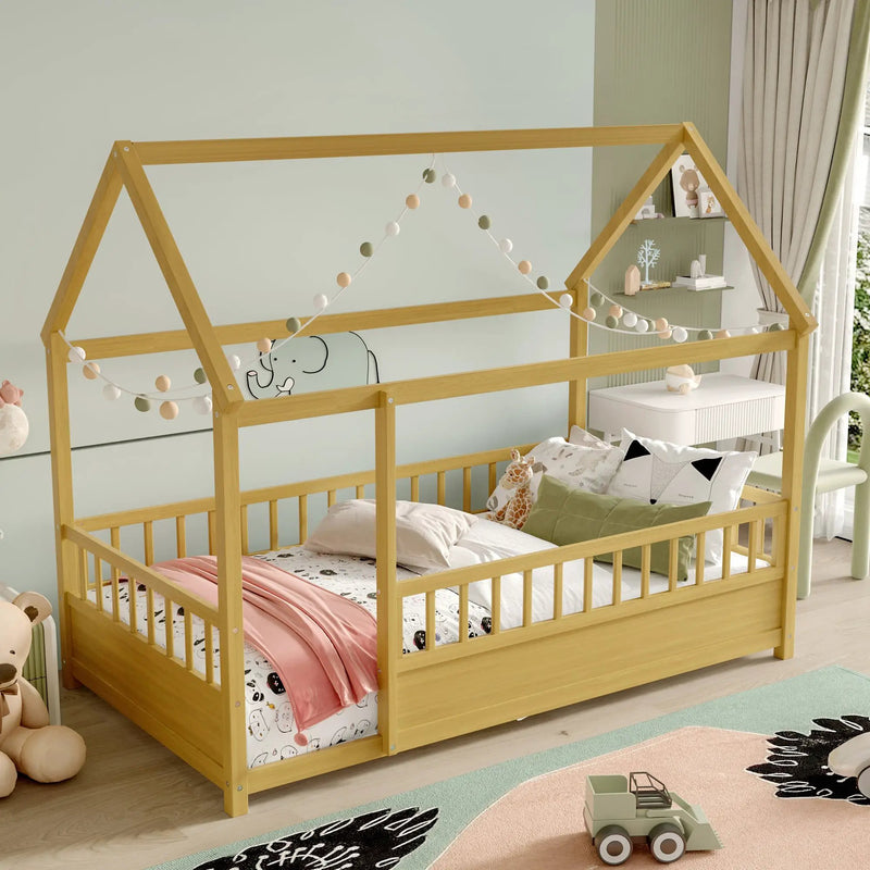 Twin Size Floor Wooden Bed with House Roof Frame by HouseOfZazla