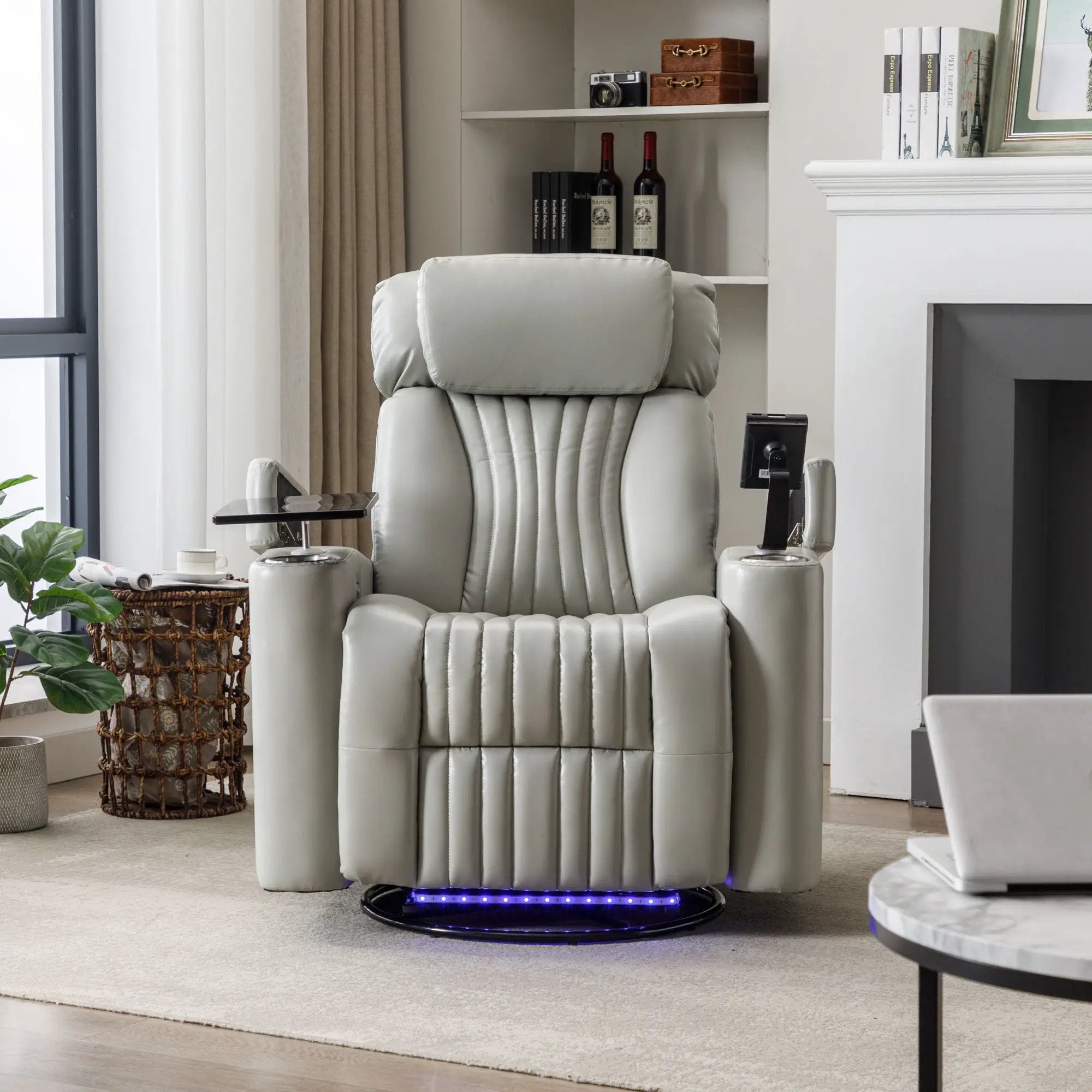 270° Power Swivel Recliner Home Theater Chair With Hidden Arm Storage, LED Light, Cup Holder, And Tray Table by HouseOfZazla