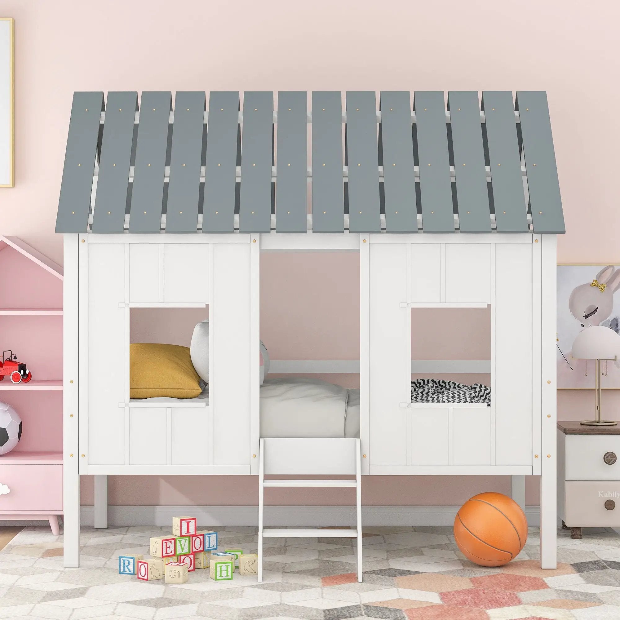 Twin Size Low Loft House Bed With Roof And 2 Front Windows - White by Unique Piece Furniture