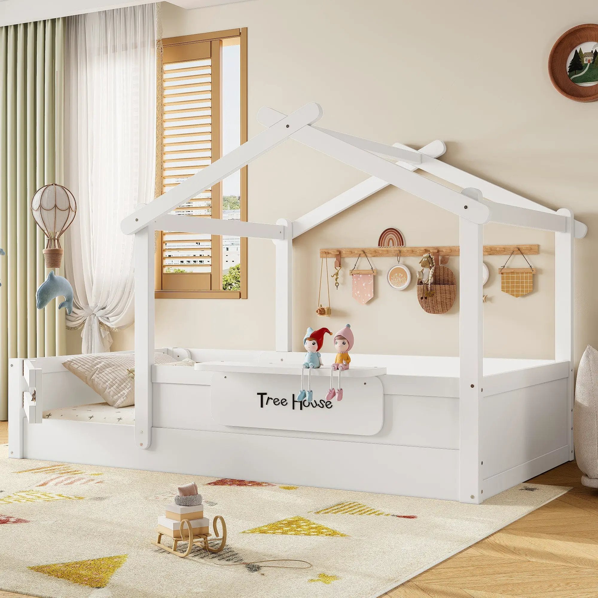 Twin Size Floor Bed with Guardrails and Roof by HouseOfZazla