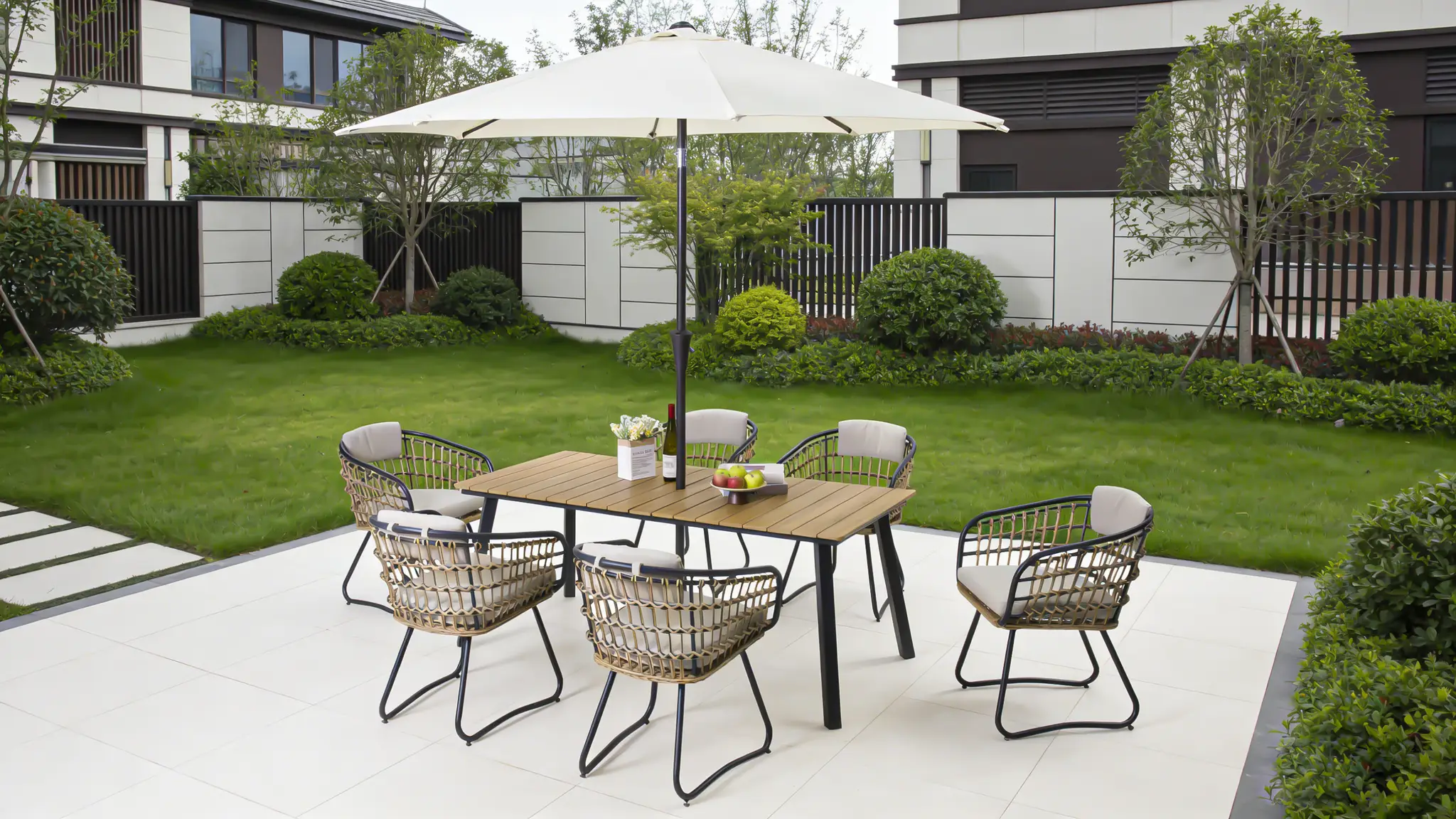 7-Piece Outdoor Wicker Dining Set with Wood-Plastic Composite Board Table by HouseOfZazla
