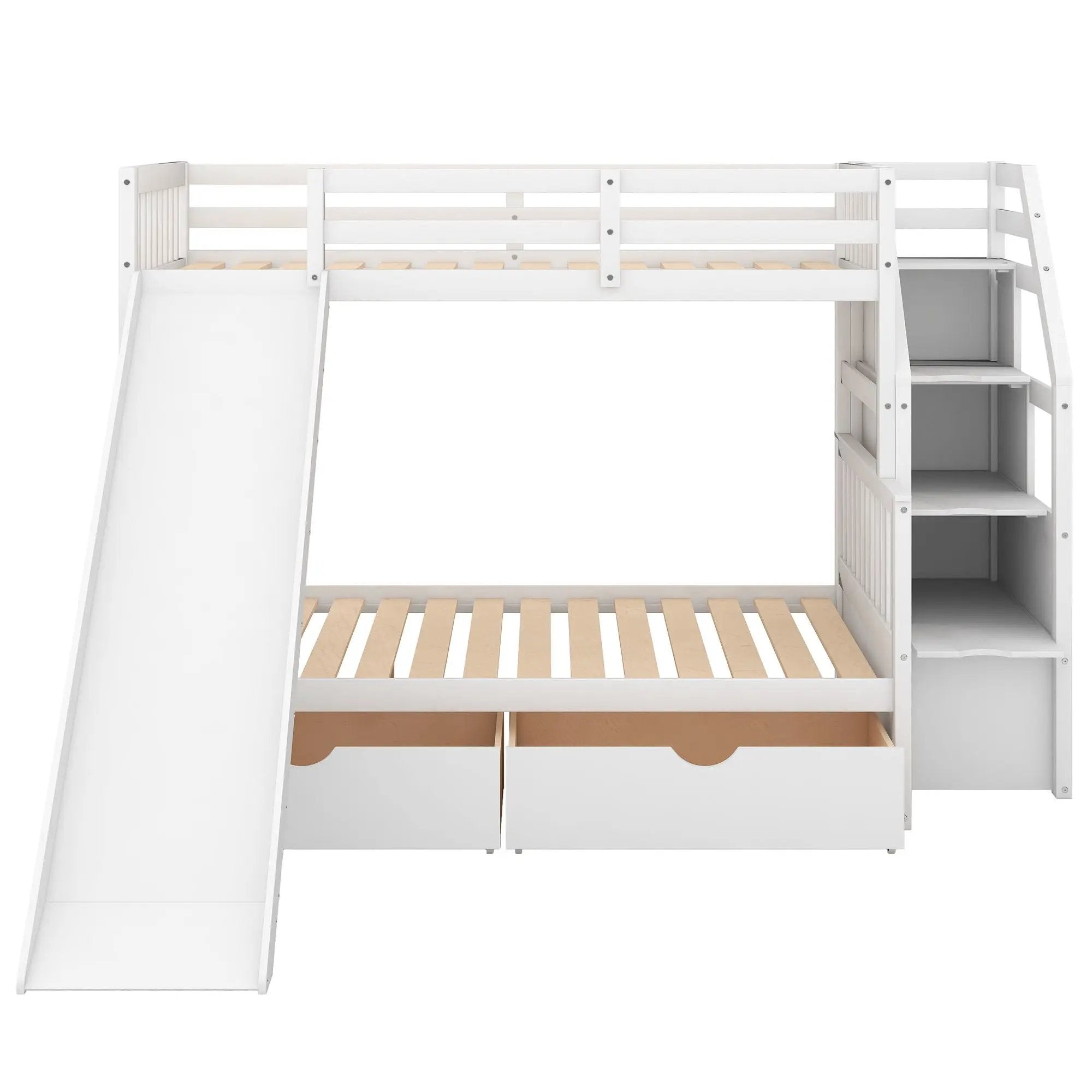 Bunk Bed With Storage Staircase, Slide, Desk, Drawers, And Shelves