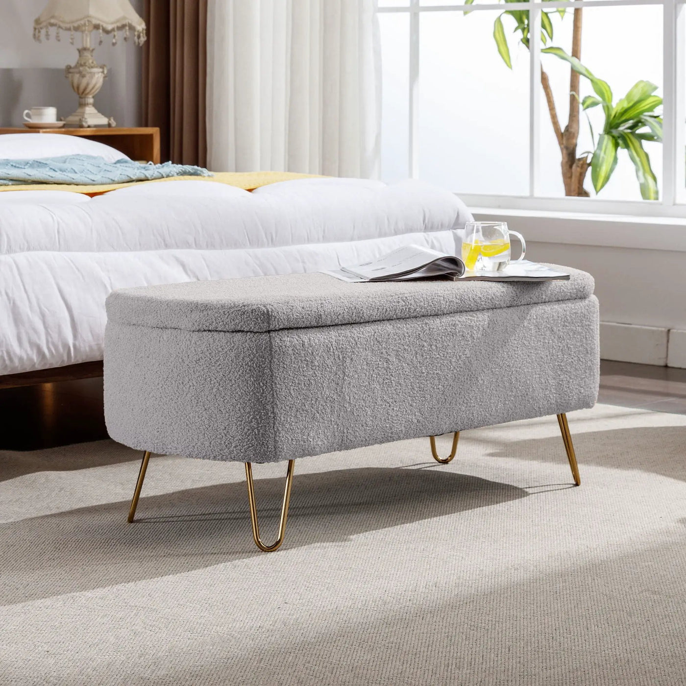Storage Ottoman Bench For End Of Bed Legs, Modern Camel Faux Fur Entryway Bench Upholstered Padded With Storage For Living Room Bedroom by Unique Piece Furniture