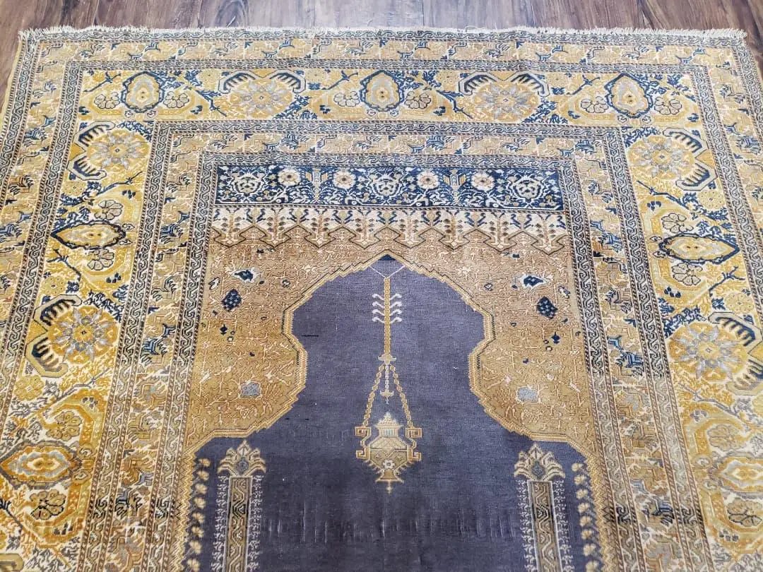 Rare Turkish Ghiordes Prayer Rug 4 x 5.8 ft, Late 19th Century Turkish Oriental Carpet, Mehrab Antique Prayer Rug, Museum Quality, Blue, Tan by Jewel Rugs