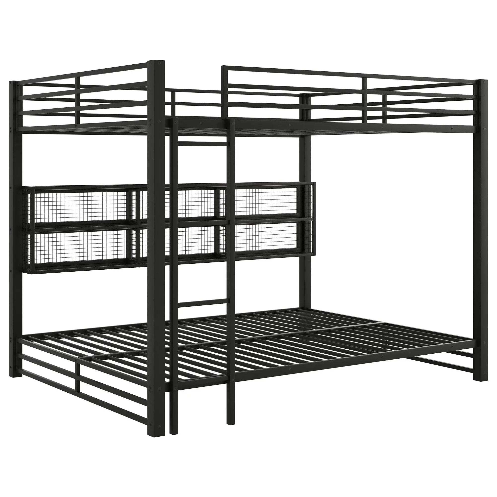 Queen Over Queen Bunk Bed With Storage Cabinets And LED Sturdy Frame, 6 Storage Units, Adjustable LED Lights - Black by HouseOfZazla