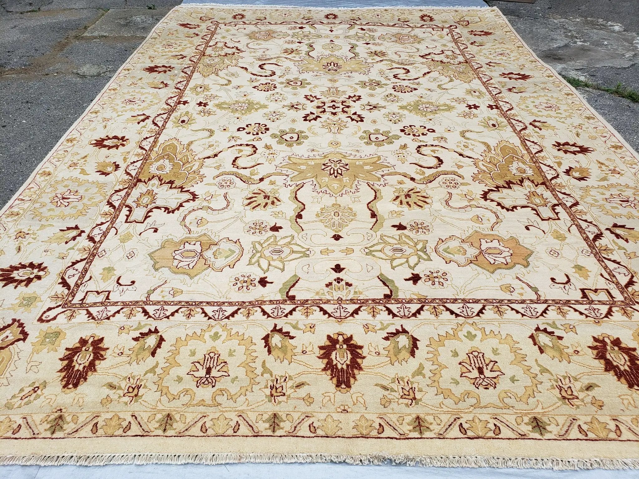 Vintage Oushak Area Rug, Hand-Knotted, Wool, Cream Beige Maroon, 10x15 Rug, 10x14 Rug, Large Oriental Carpet by Jewel Rugs