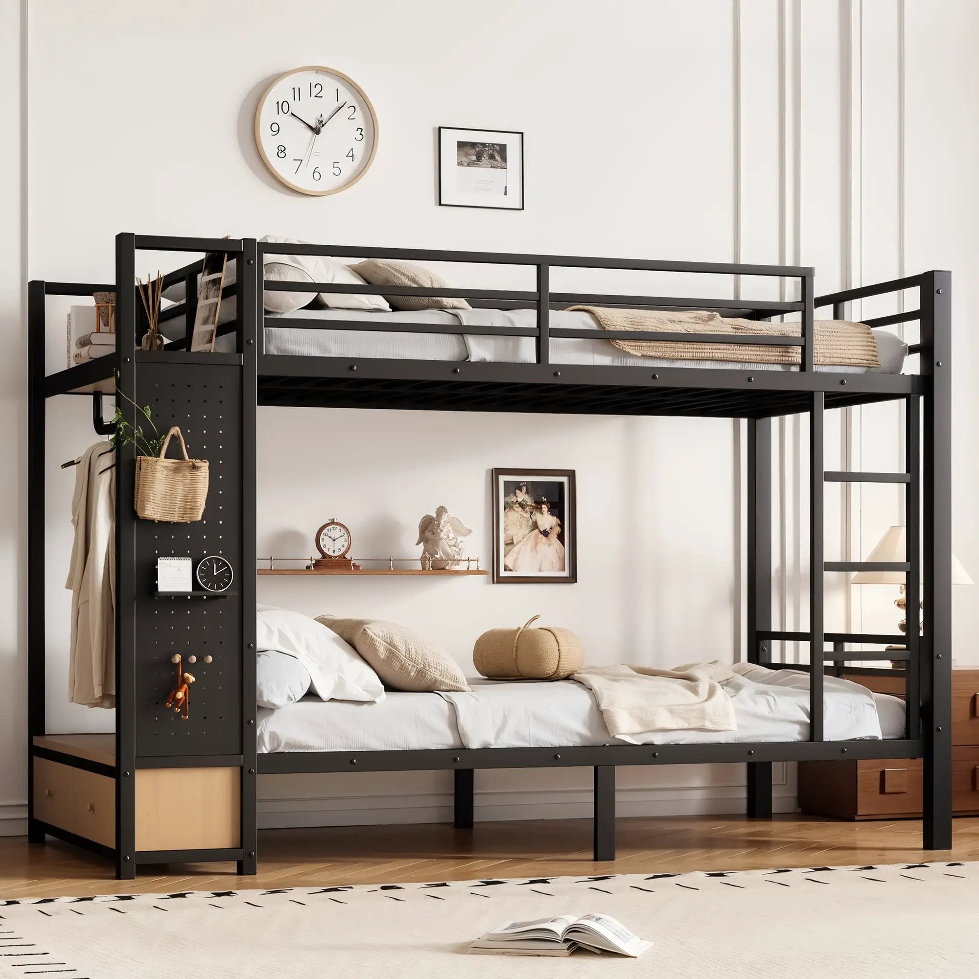 Twin XL Over Twin XL Metal Bunk Bed with Storage Shelves by HouseOfZazla
