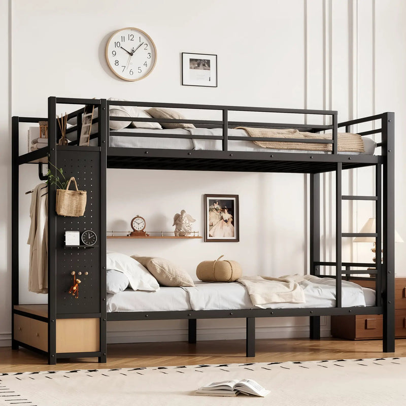 Twin XL Over Twin XL Metal Bunk Bed with Storage Shelves by HouseOfZazla