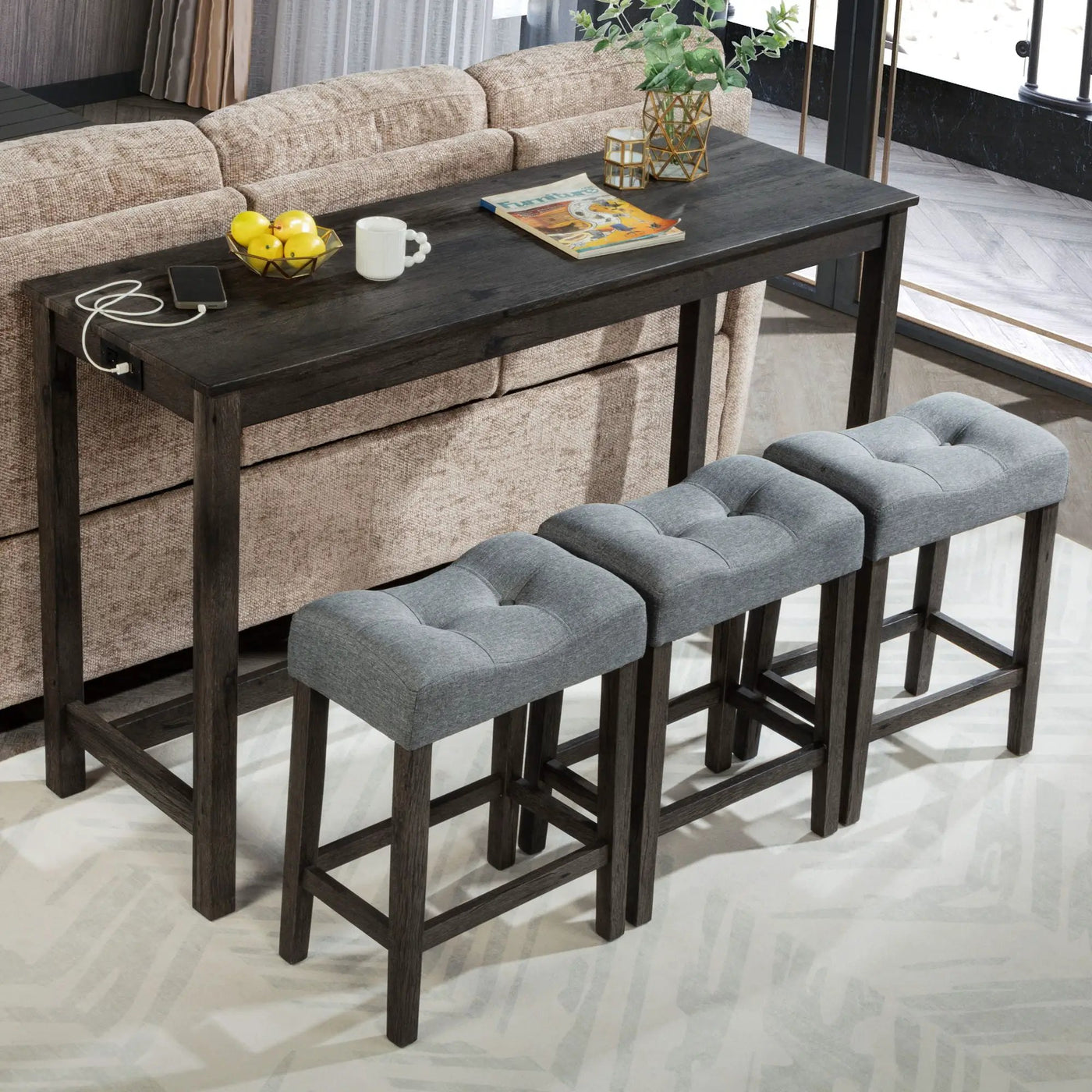 4 Piece Bar Table Set With Power Outlet, 3 Padded Stools by Unique Piece Furniture