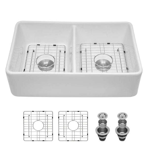 Double Bowl Apron Front Kitchen Sink 32", Sturdy And With Scratch Resistant - White
