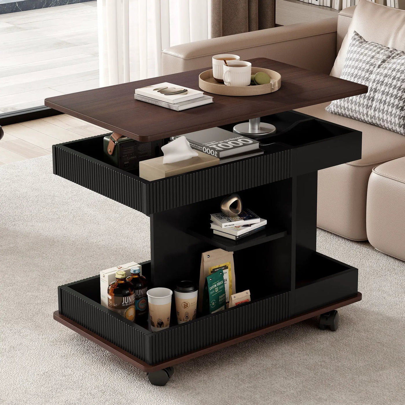 Adjustable End Table With Wheels, 360°Rotating Top And Storage Space by HouseOfZazla