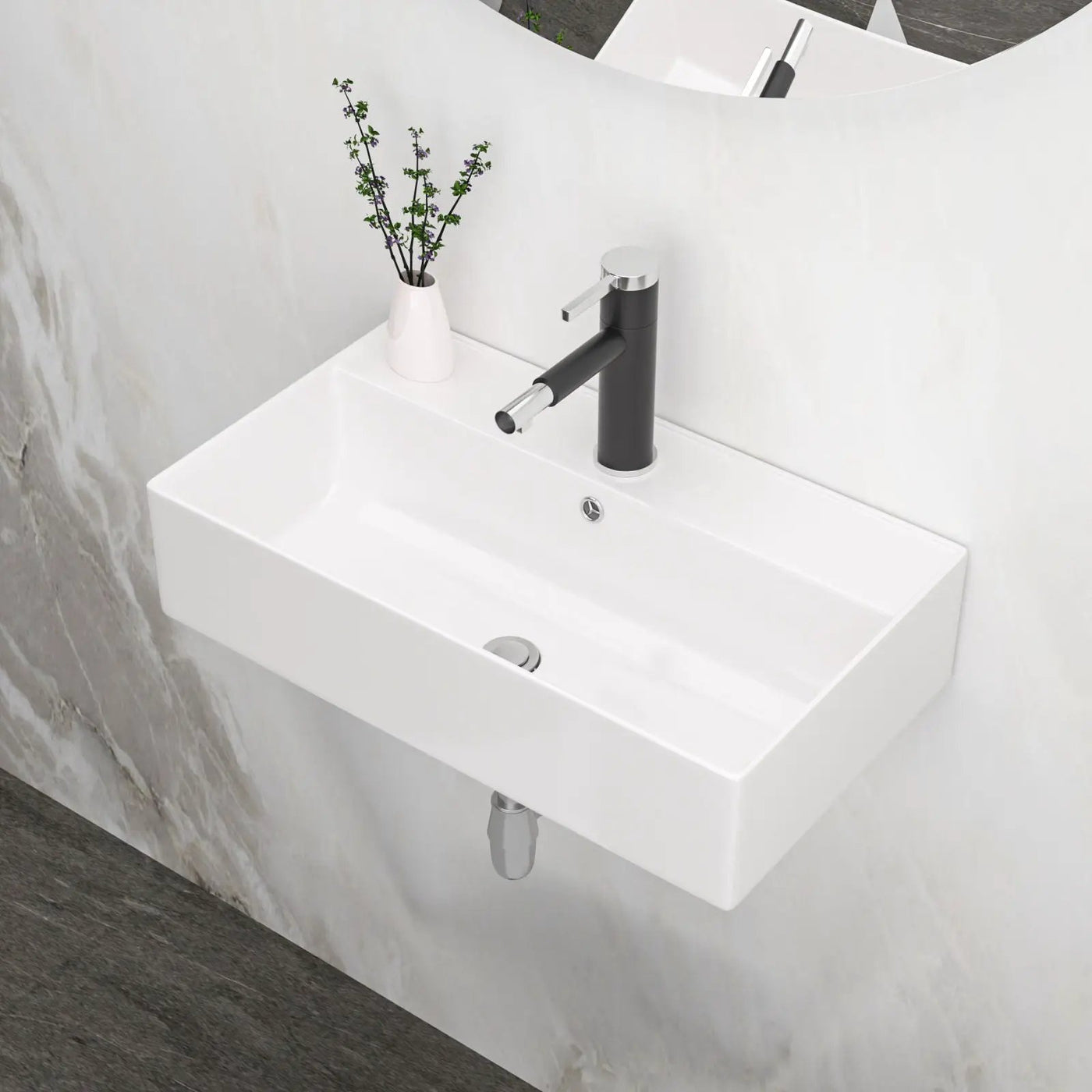 Modern Ceramic Rectangular Wall Mounted Bathroom Sink With Faucet Hole & Overflow by HouseOfZazla