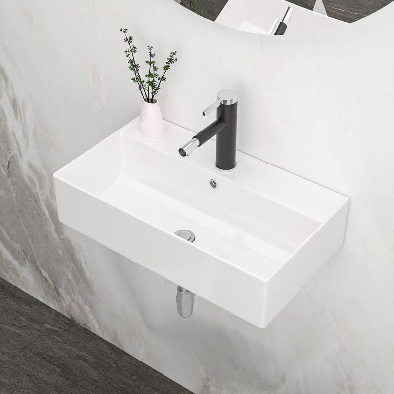 Modern Ceramic Rectangular Wall Mounted Bathroom Sink With Faucet Hole & Overflow by HouseOfZazla