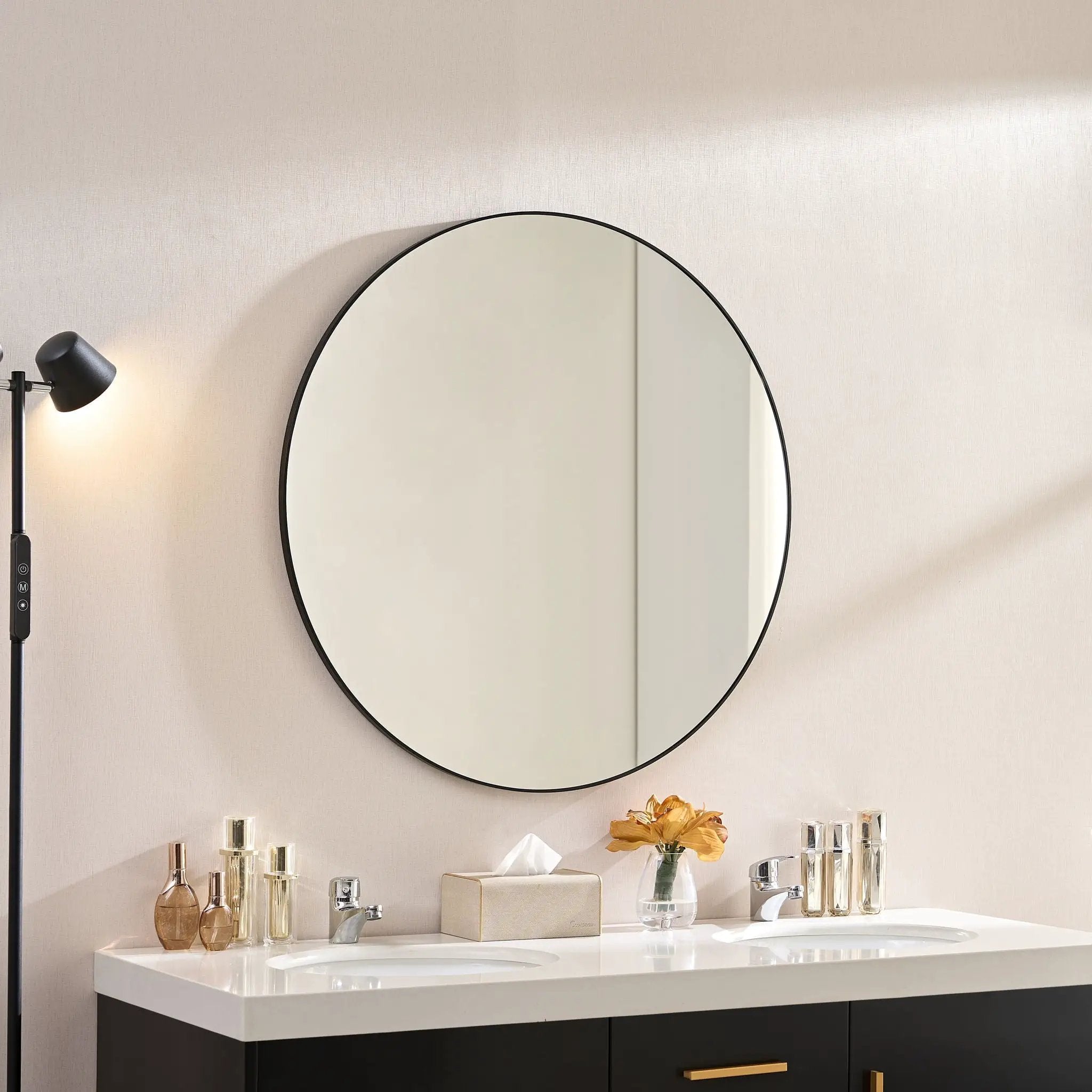 Wall Circular Framed Vanity Mirror For Bathroom, Living Room Decor - Black by Unique Piece Furniture