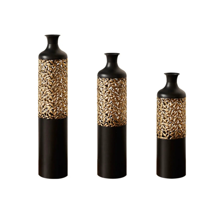 Floor Metal Vases Decorated Metal Vases (Set of 3) Gorgeous Home Decoration Large Glazed Metal Vases - Black / Gold by HouseOfZazla