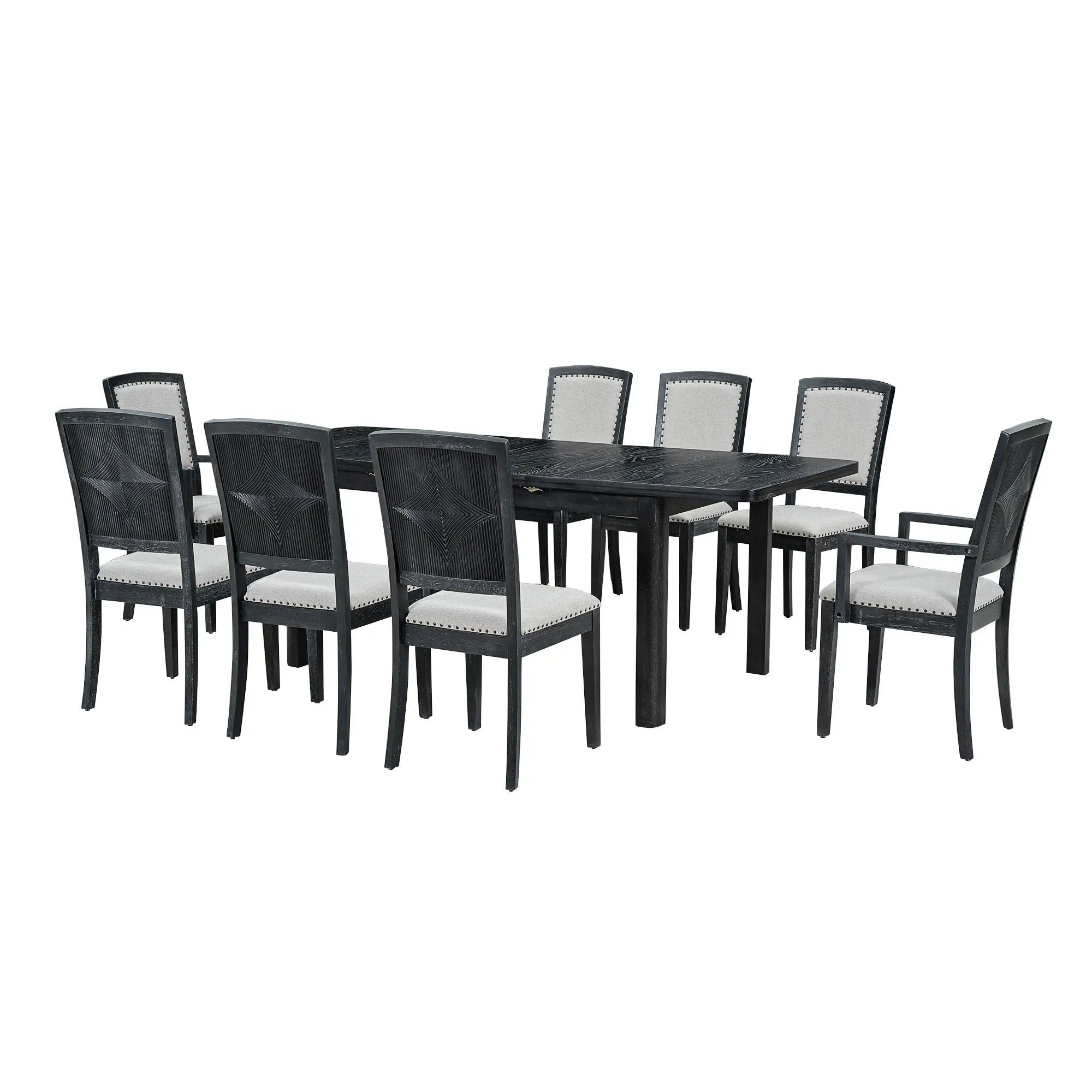 Topmax - Rustic Extendable Dining Table Set With Removable Leaf, 6 Upholstered Armless Dining Chairs And 2 Padded Arm Chairs, 9 Pieces by HouseOfZazla