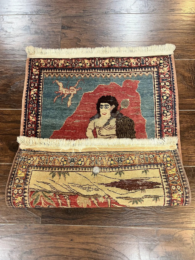 Antique Persian Kirman Rug 2 x 2.5, Small Hand Knotted Wool Carpet, Lavar Rug, Shepherd with Ram Pictorial Rug #1 by Jewel Rugs