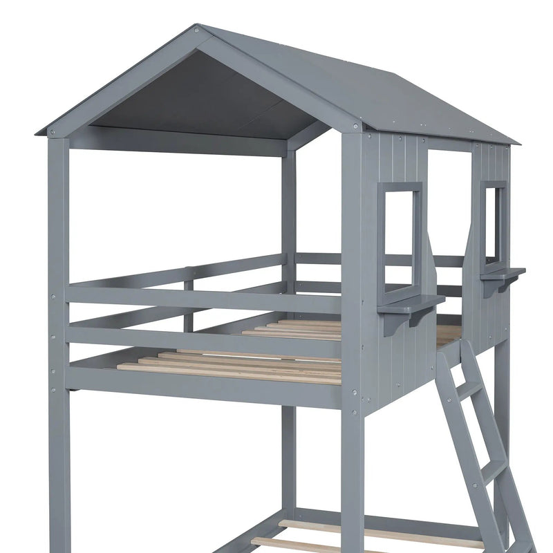 Twin Over Twin Bunk Bed With Roof, Window, Guardrail, Ladder by HouseOfZazla