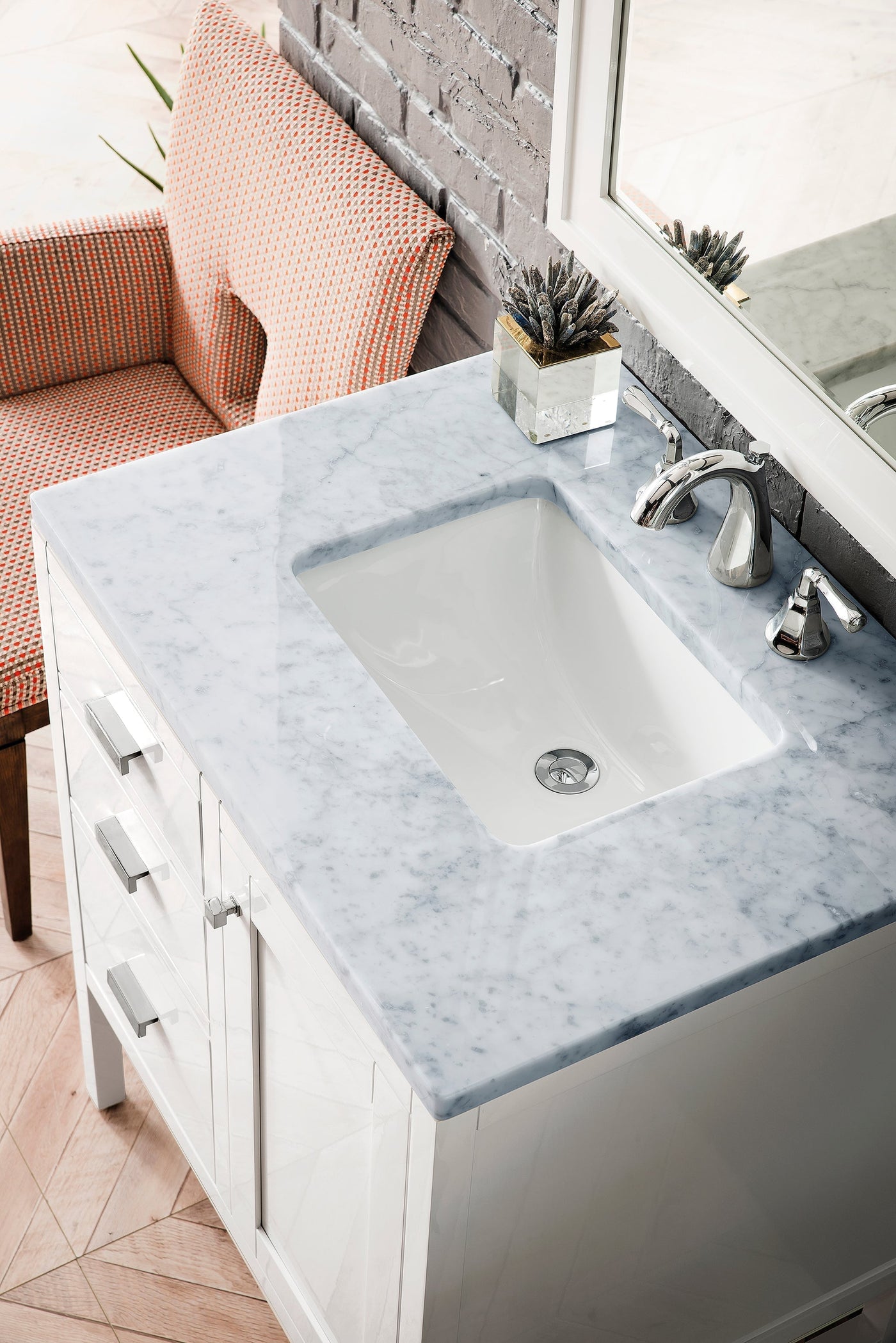 James Martin Addison 30" Single Bathroom Vanity, Glossy White with Carrara White countertop