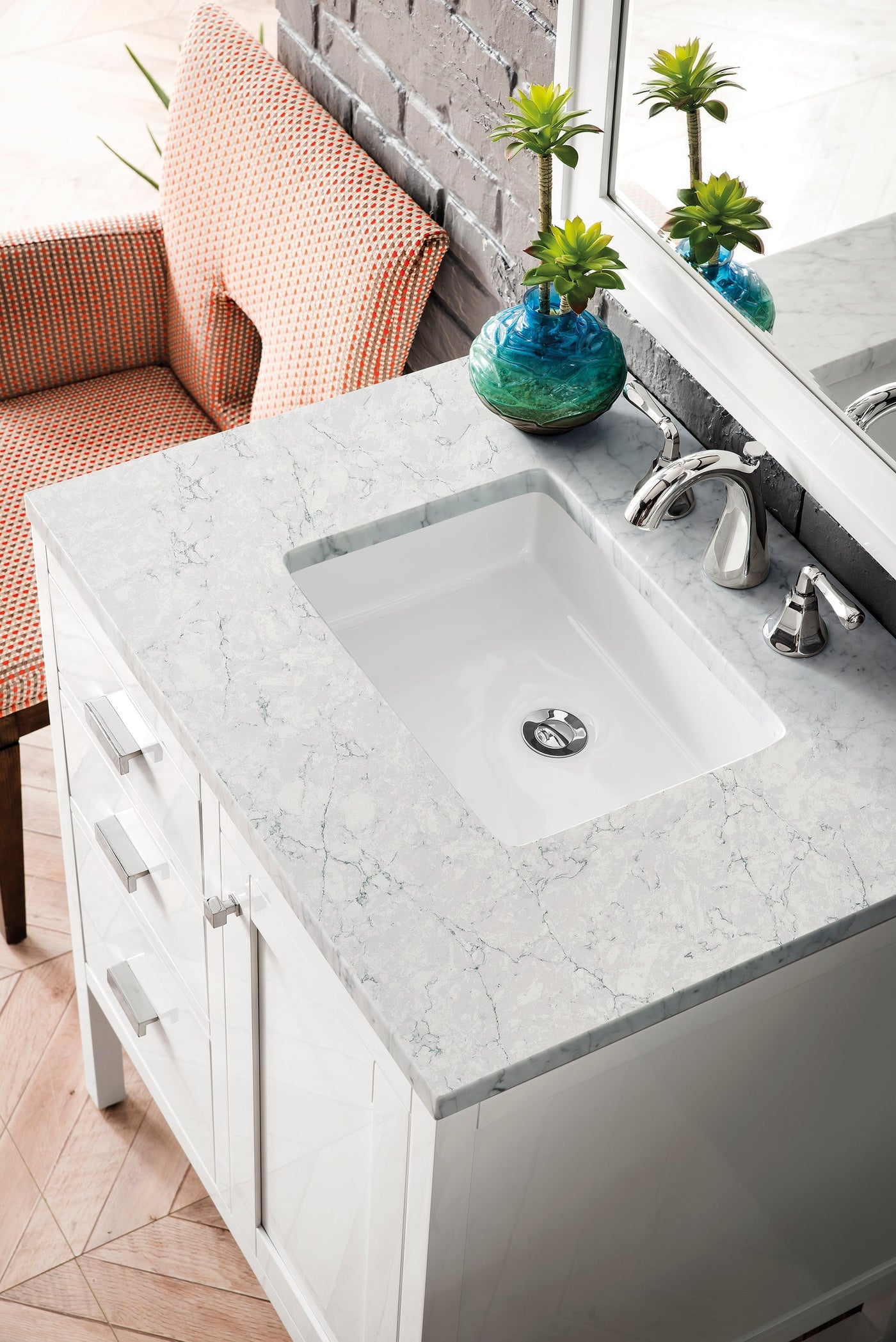 James Martin Addison 30" Single Bathroom Vanity, Glossy White with Eternal Jasmine Pearl countertop