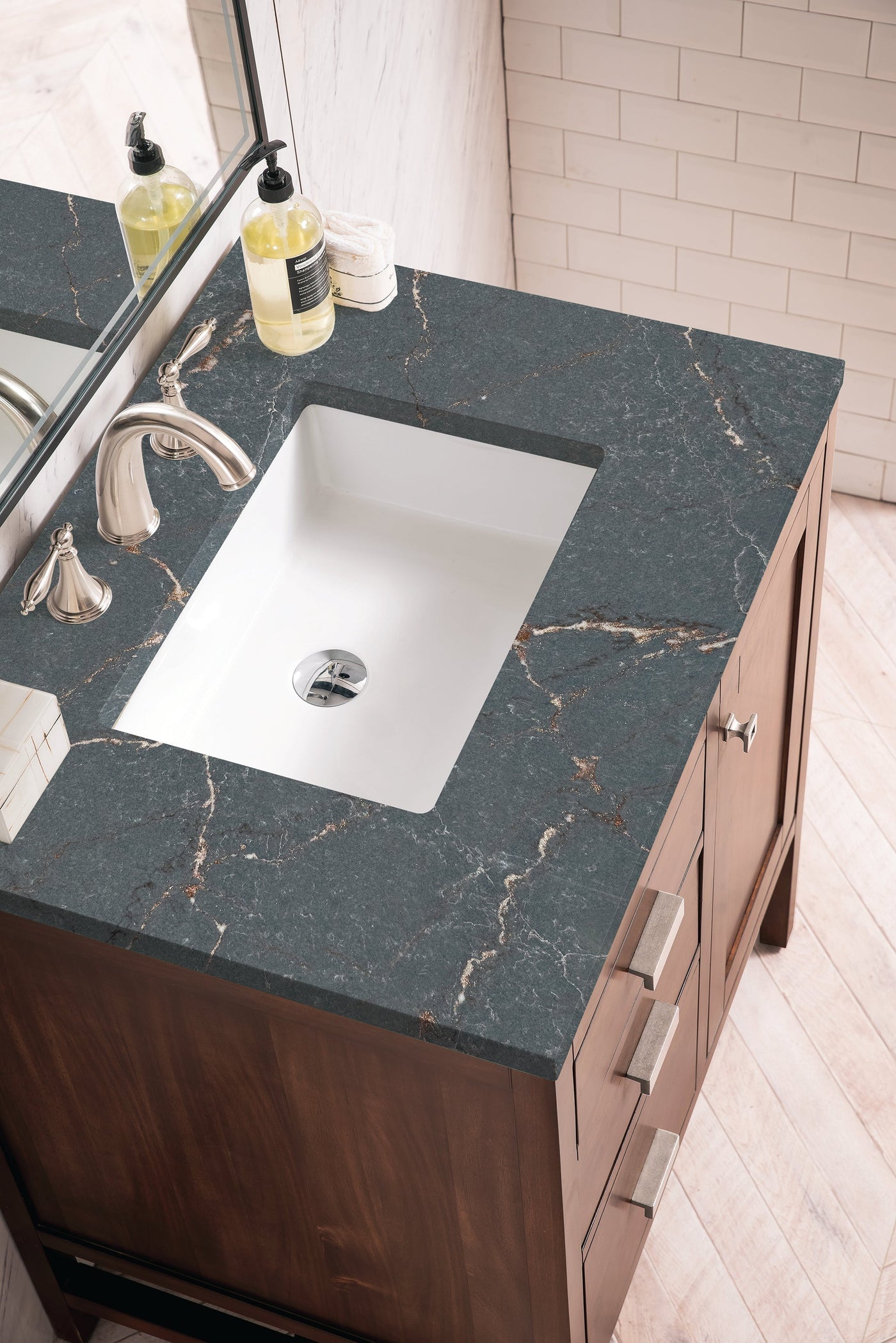 James Martin Addison 30" Single Bathroom Vanity, Mid-Century Acacia with Parisien Bleu countertop