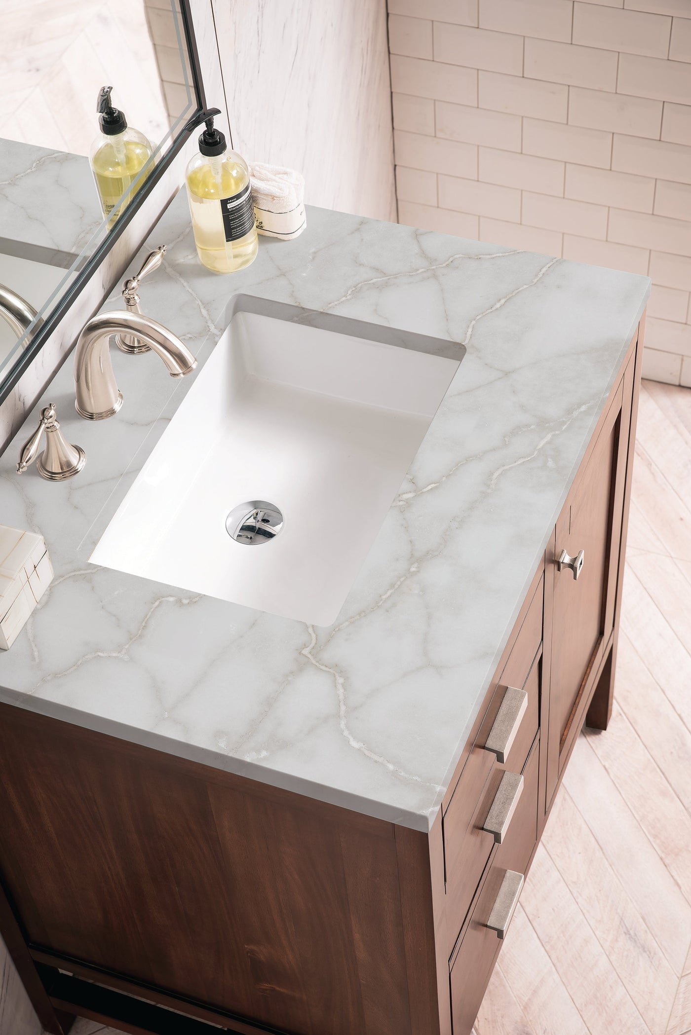 James Martin Addison 30" Single Bathroom Vanity, Mid-Century Acacia with Victorian Silver countertop