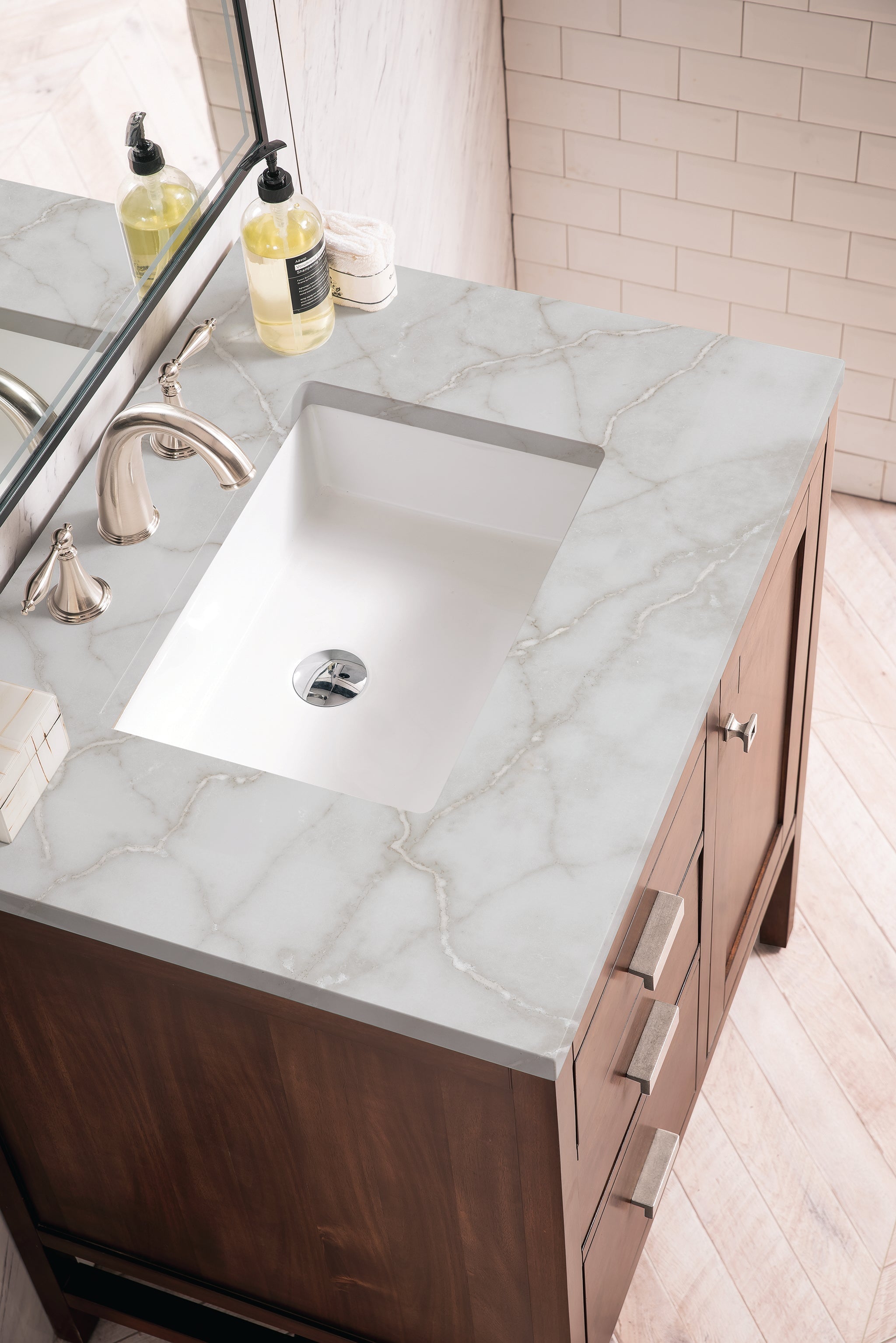 James Martin Addison 30" Single Bathroom Vanity, Mid-Century Acacia with Victorian Silver countertop