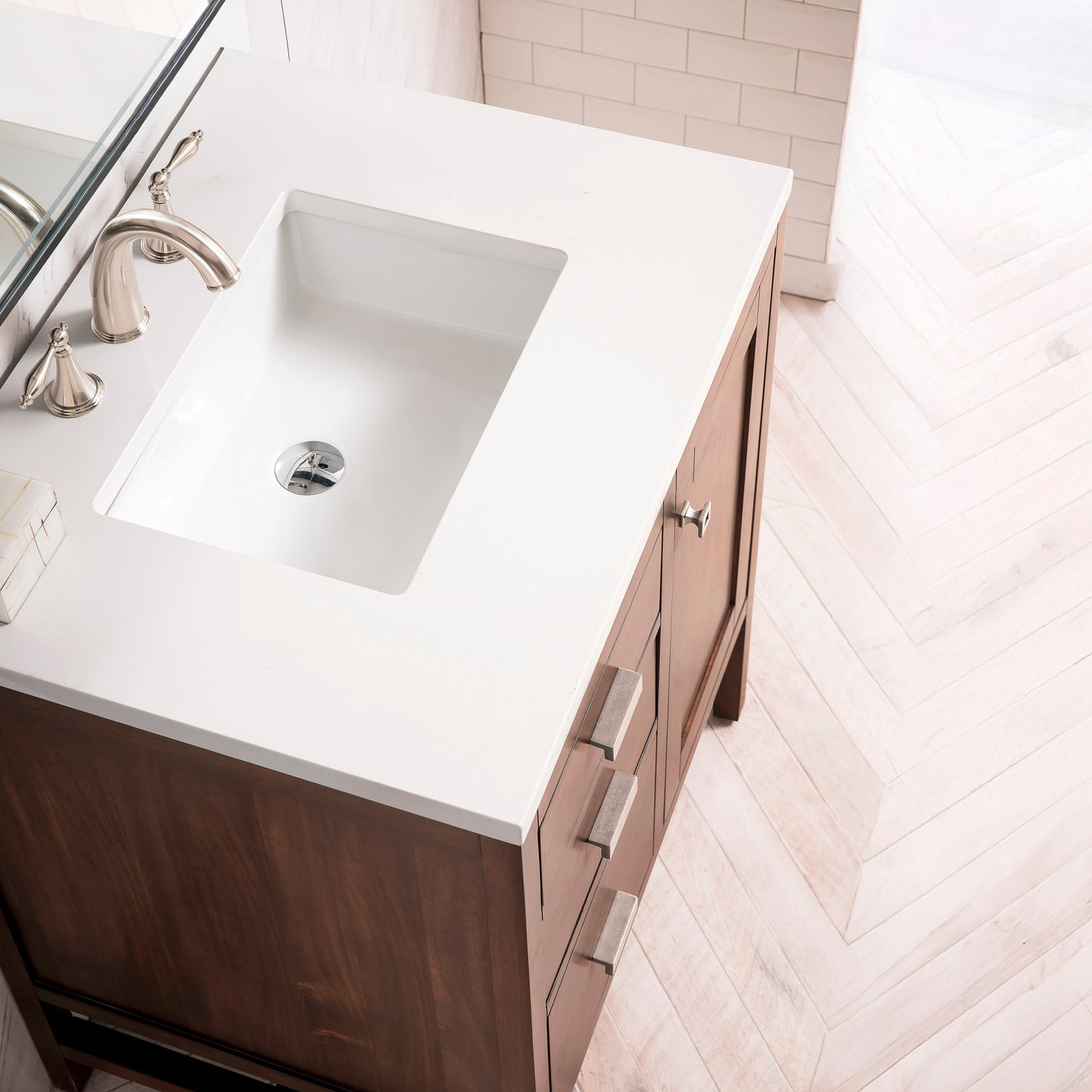 James Martin Addison 30" Single Bathroom Vanity, Mid-Century Acacia with White Zeus countertop