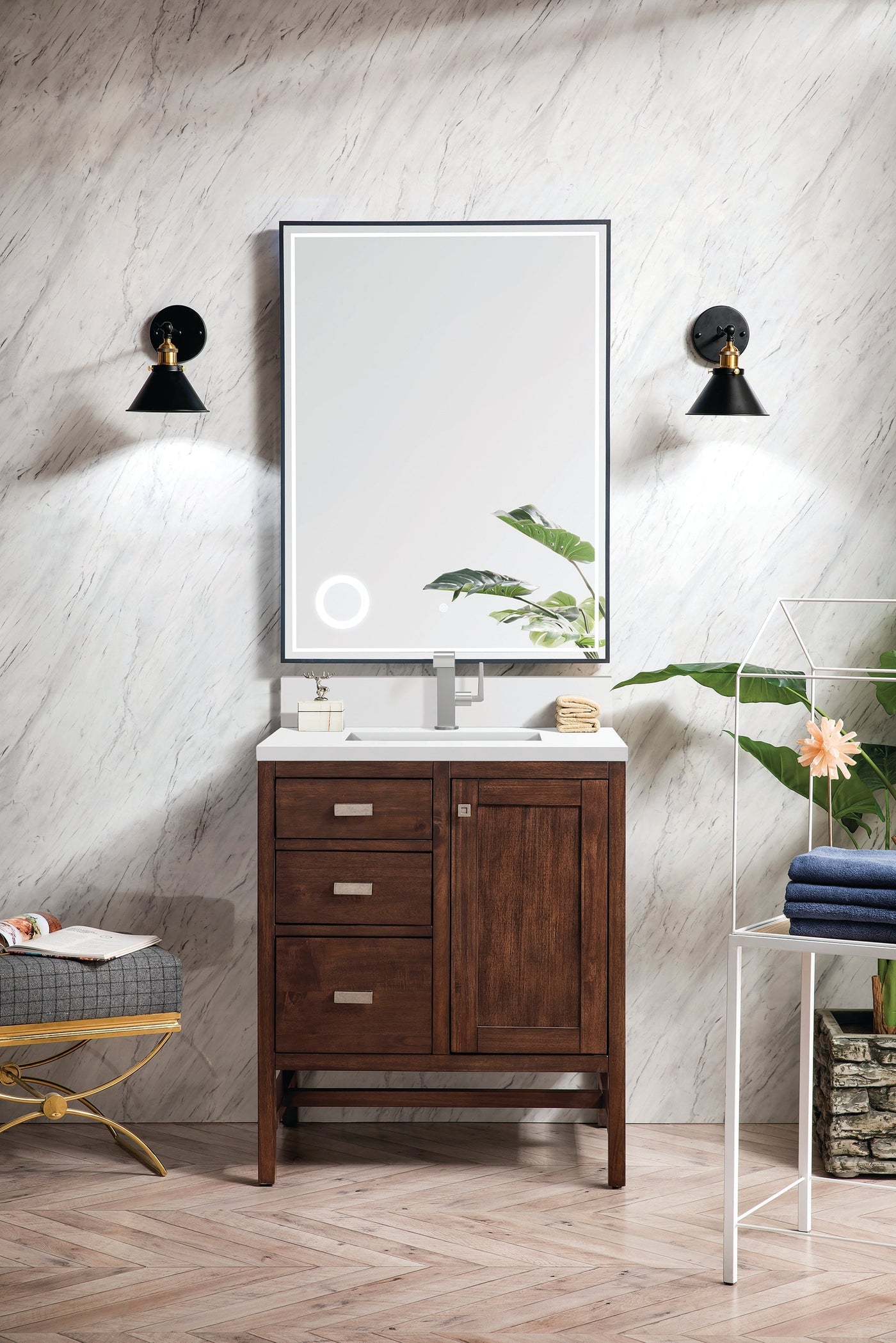 James Martin Addison 30" Single Bathroom Vanity, Mid-Century Acacia with White Zeus (Single Hole, with Backsplash) countertop