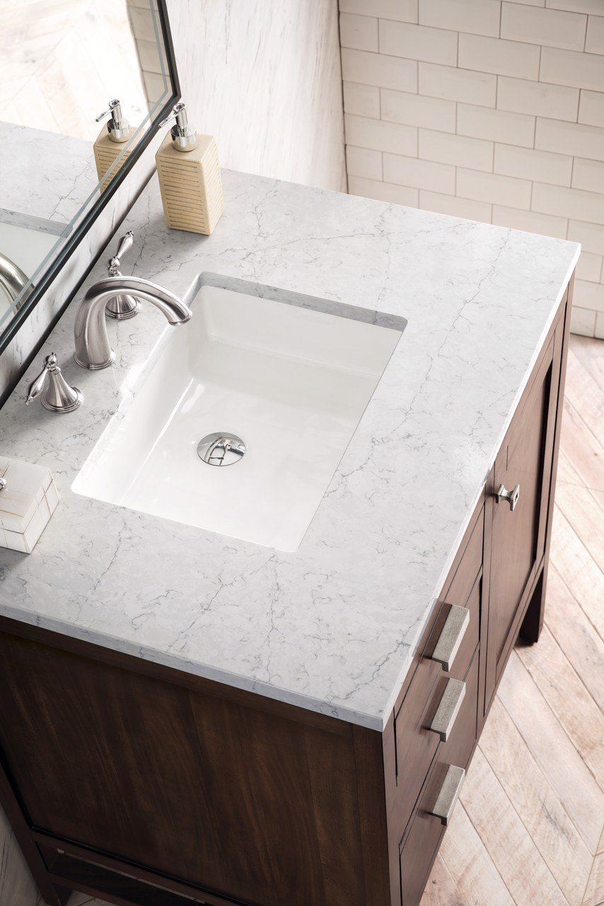 James Martin Addison 30" Single Bathroom Vanity, Mid-Century Acacia with Eternal Jasmine Pearl countertop
