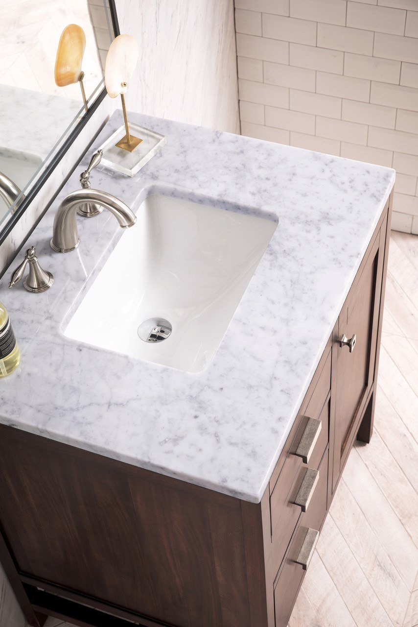 James Martin Addison 30" Single Bathroom Vanity, Mid-Century Acacia with Carrara White countertop