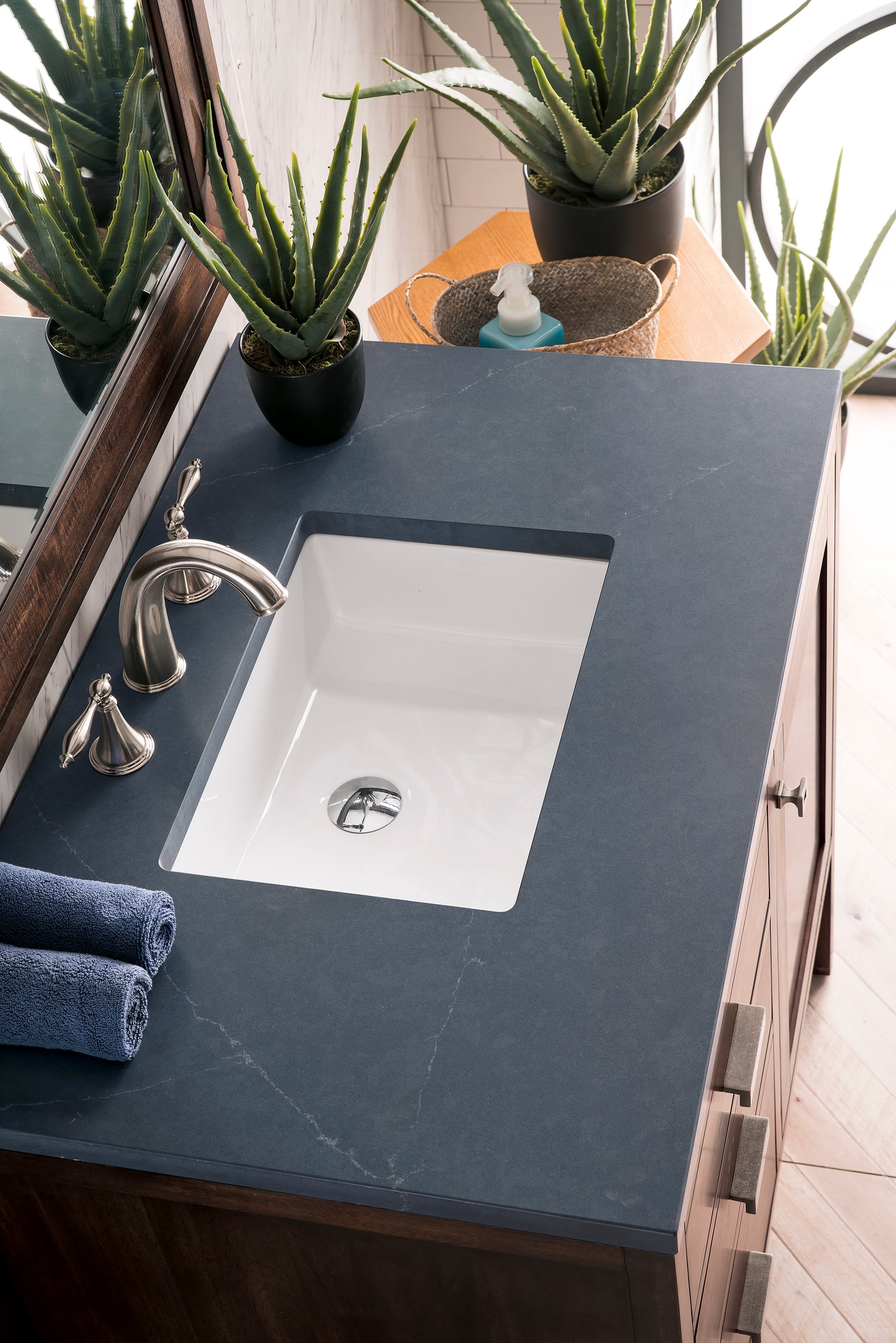 James Martin Addison 36" Single Bathroom Vanity, Mid-Century Acacia with Charcoal Soapstone countertop