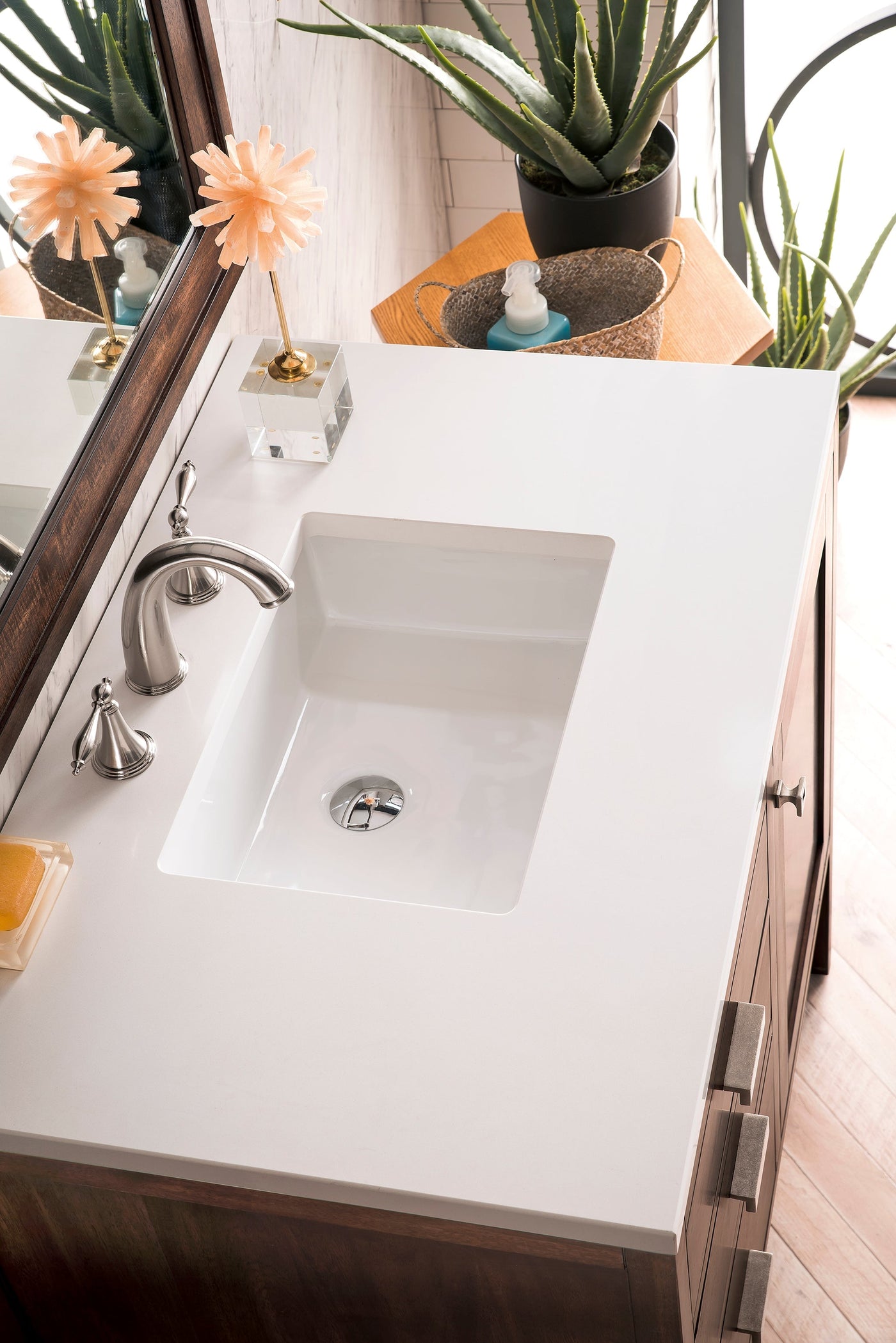 James Martin Addison 36" Single Bathroom Vanity, Mid-Century Acacia with White Zeus countertop