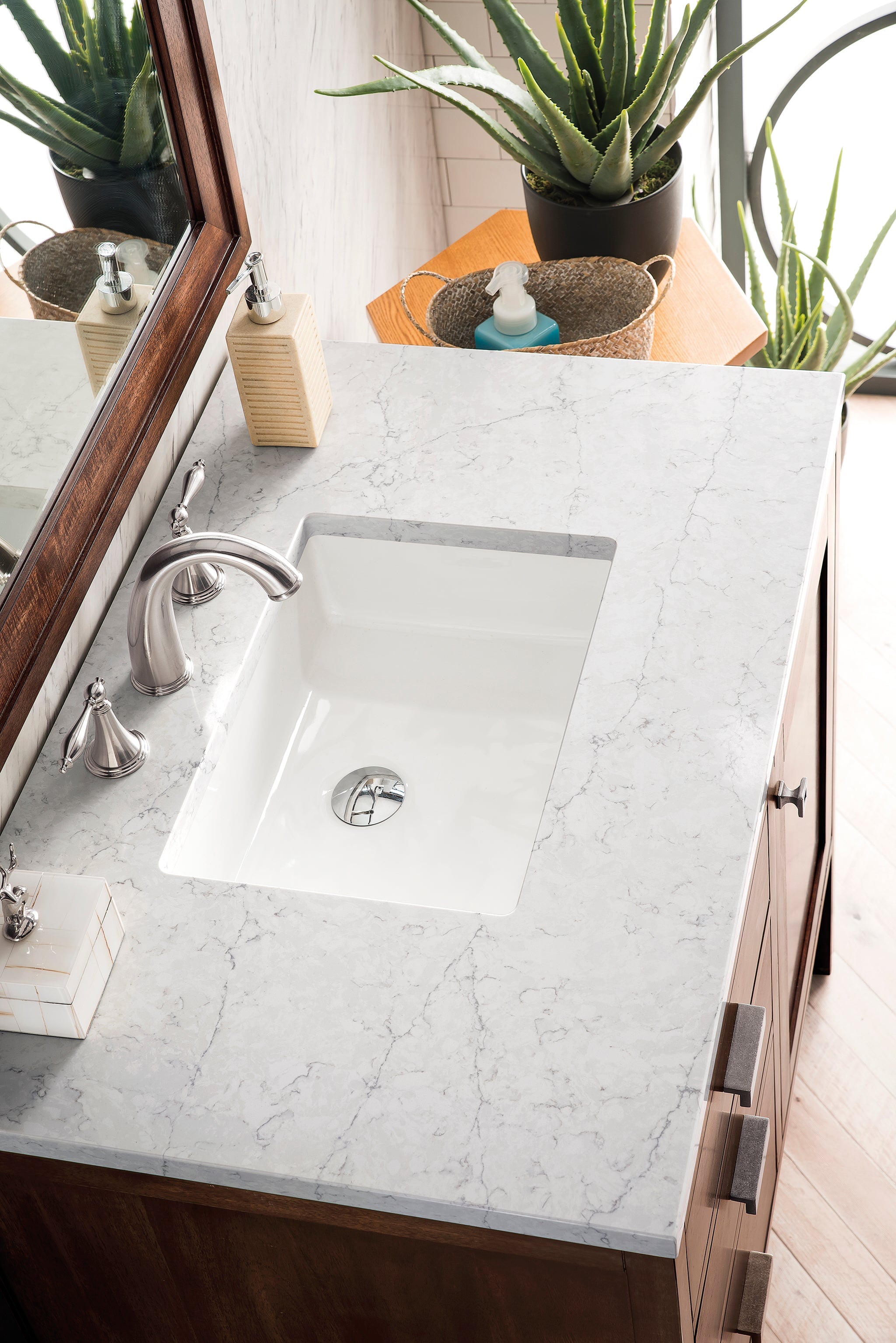 James Martin Addison 36" Single Bathroom Vanity, Mid-Century Acacia with Eternal Jasmine Pearl countertop