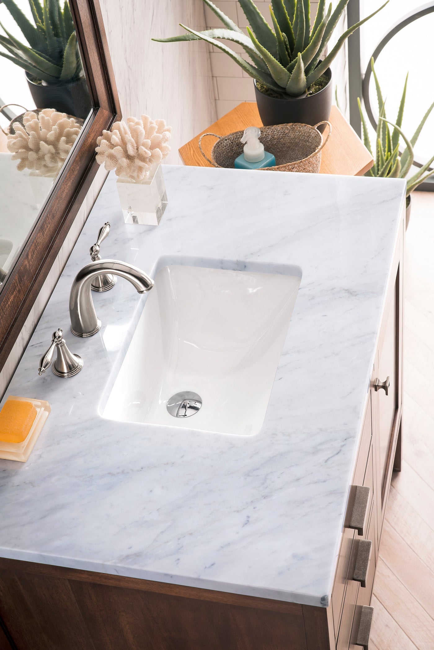 James Martin Addison 36" Single Bathroom Vanity, Mid-Century Acacia with Carrara White countertop