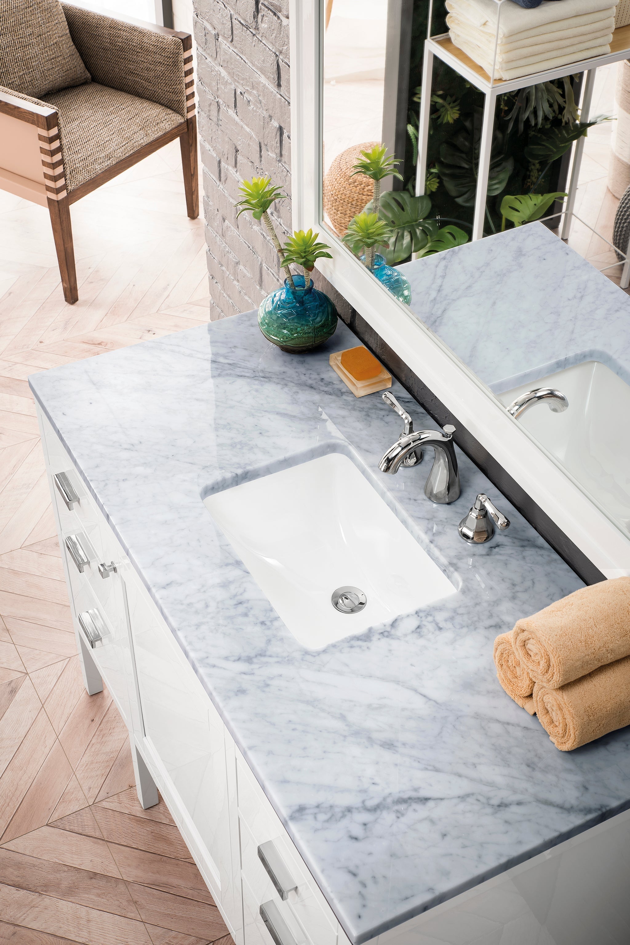 James Martin Addison 48" Single Bathroom Vanity, Glossy White with Carrara White countertop