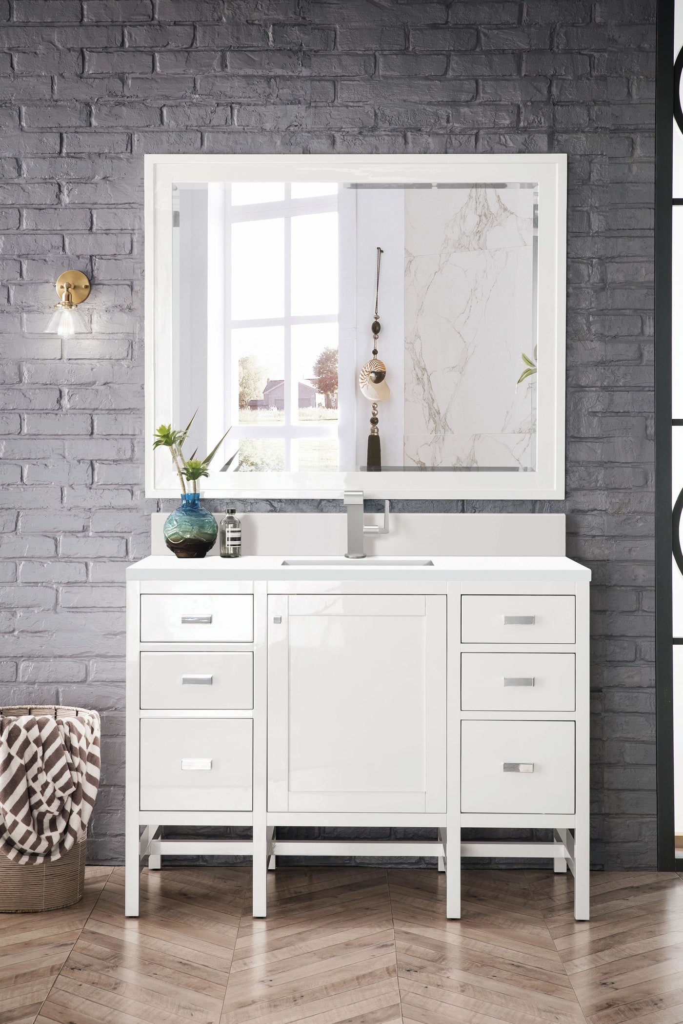 James Martin Addison 48" Single Bathroom Vanity, Glossy White with White Zeus (Single Hole, with Backsplash) countertop