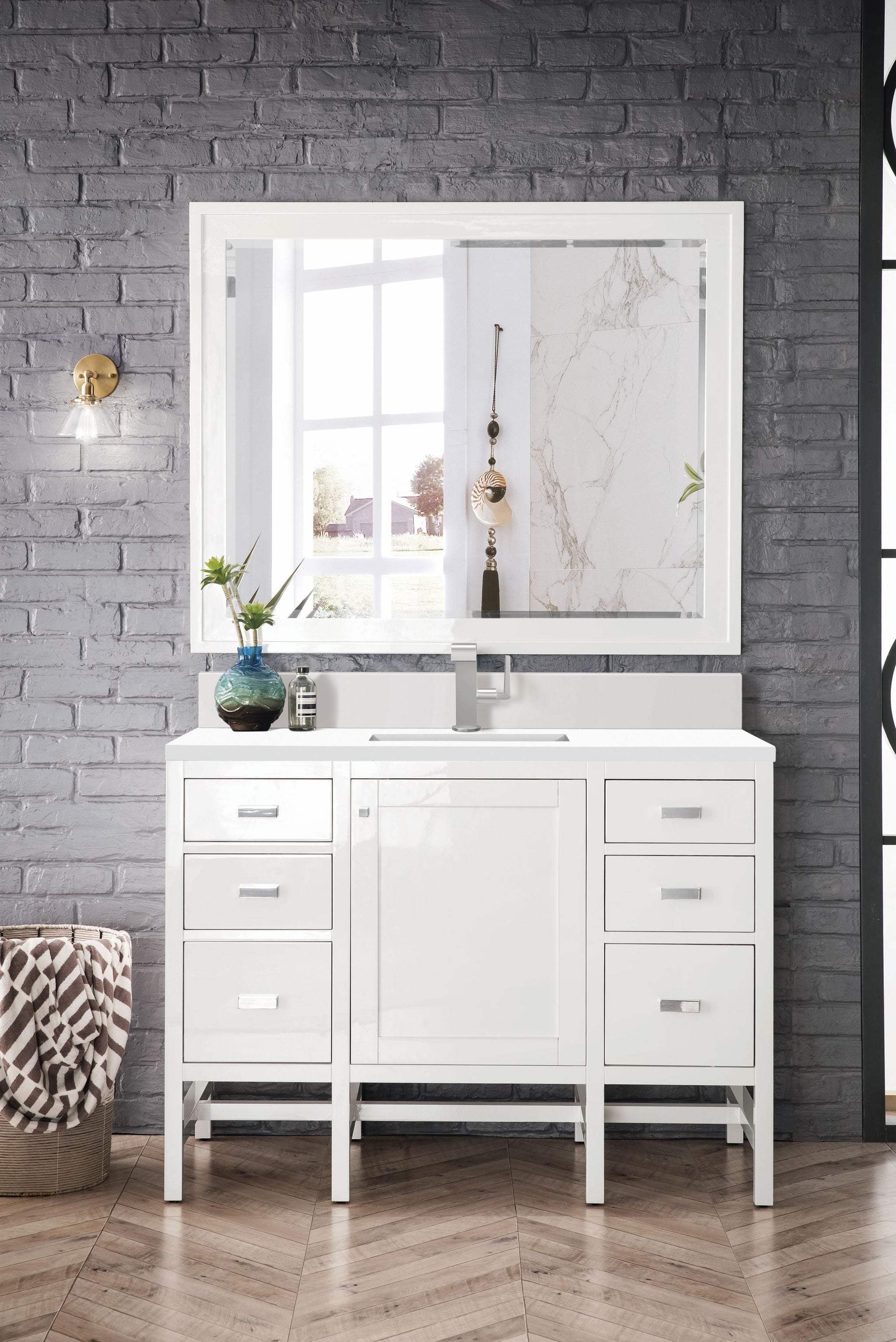James Martin Addison 48" Single Bathroom Vanity, Glossy White with White Zeus (Single Hole, with Backsplash) countertop