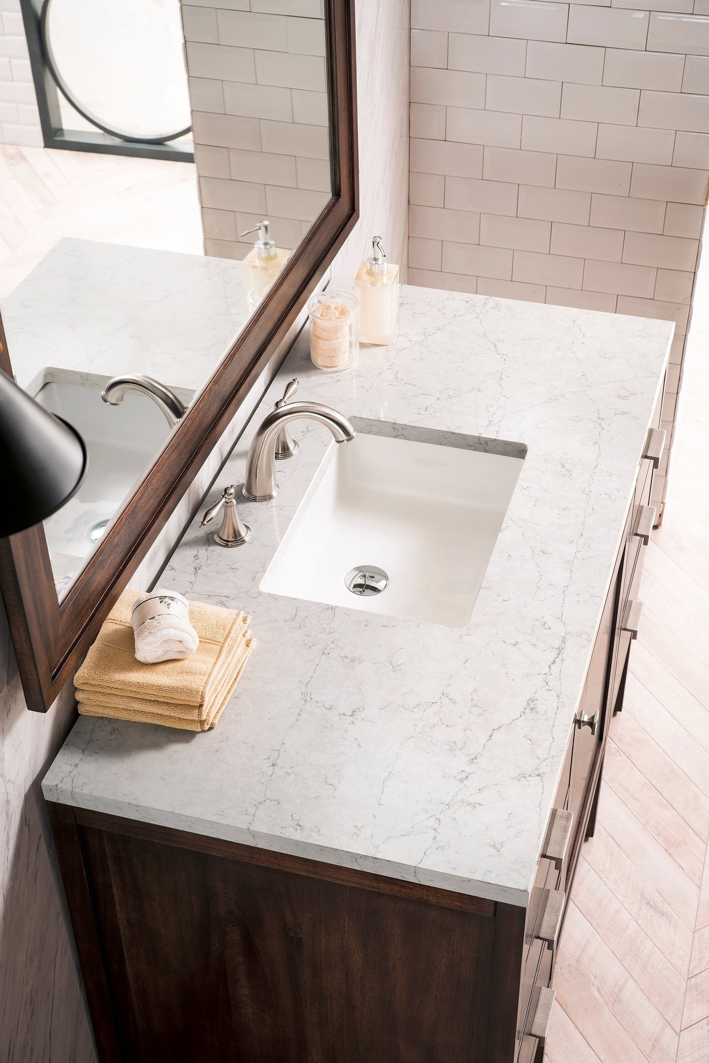 James Martin Addison 48" Single Bathroom Vanity, Mid-Century Acacia with Eternal Jasmine Pearl countertop
